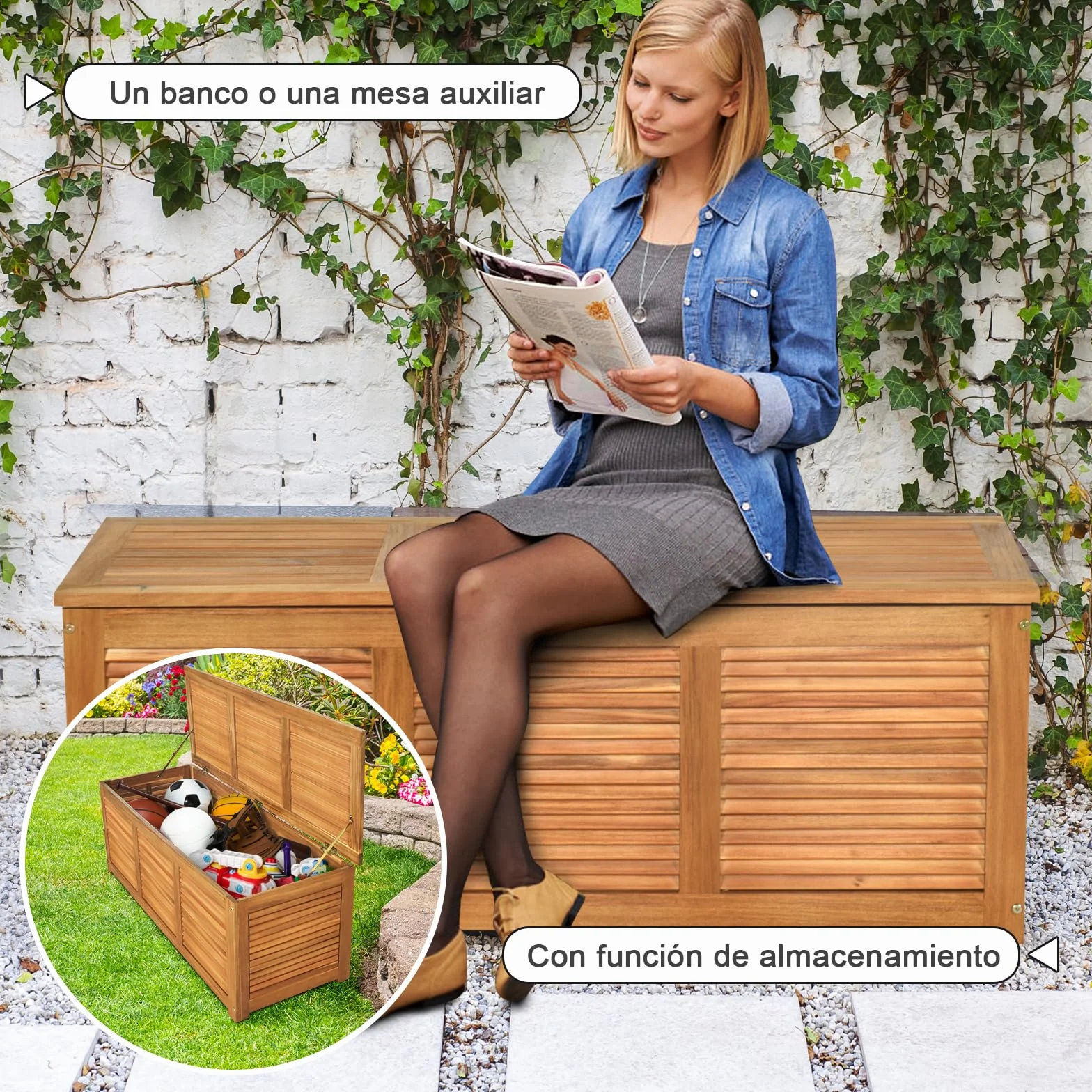 RELAX4LIFE Baúl Almacenaje Exterior Madera Acacia 120,5x44,5x44,5cm Carga 160kg