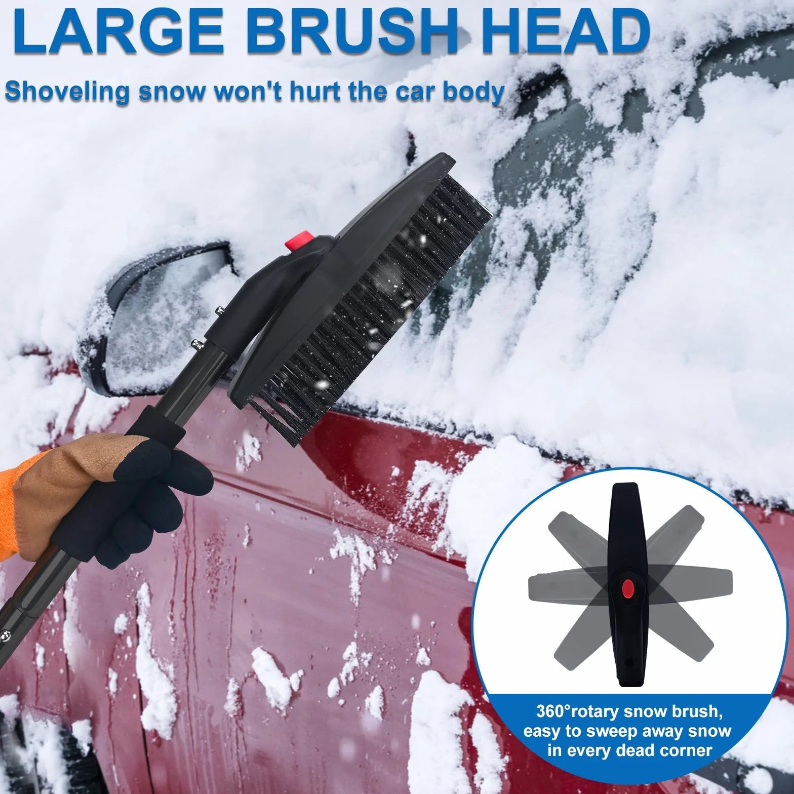 Pala de nieve 3 en 1 retráctil con raspador de hielo y cepillo, bolsa de almacenamiento y guantes (negro)