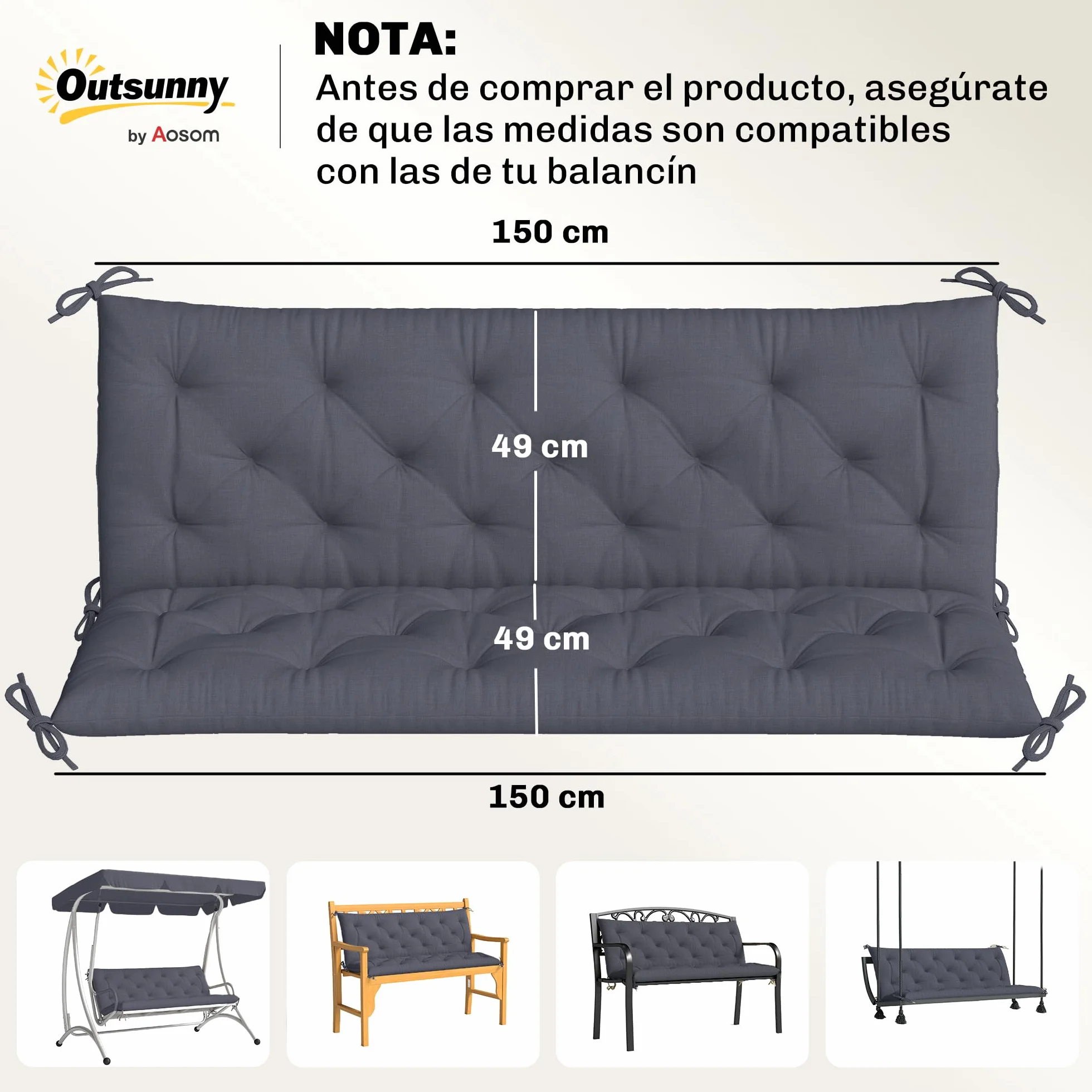 Outsunny Cojín para Banco 150x98x8 cm 3 Plazas Gris Exterior