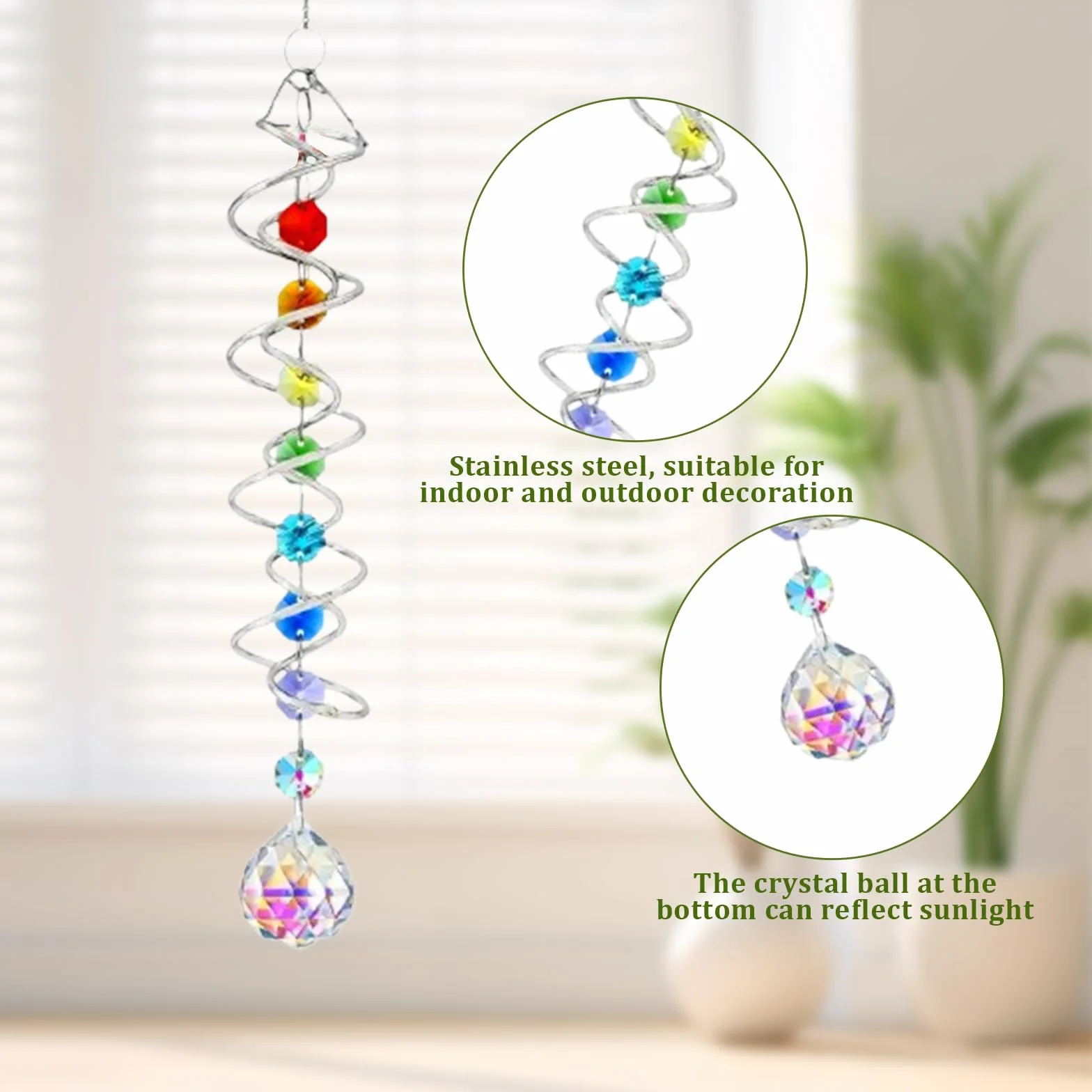 Atrapasol de Cristal 45 cm con Espiral Doble, Colgante Multicolor Carillón de Viento