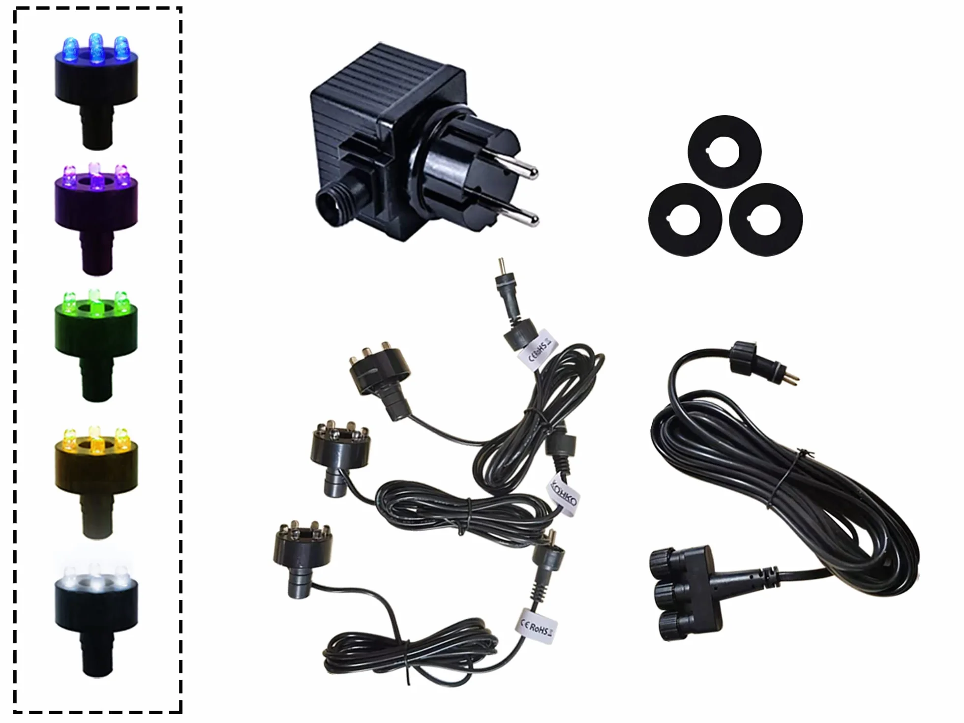 Köhko Iluminación completa para fuentes, incluye 3 anillos LED y transformador 29024, blanco cálido