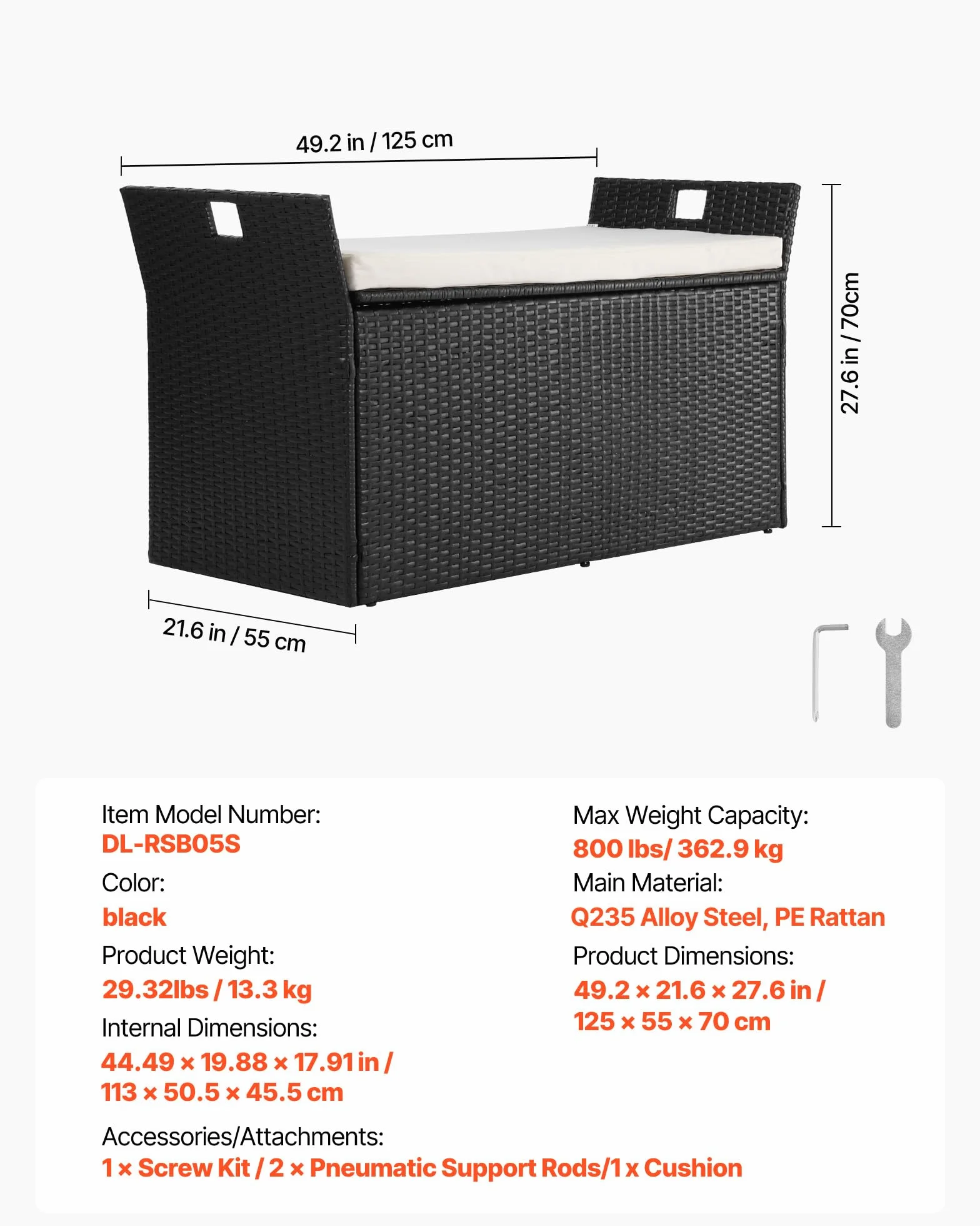 VEVOR Baúl de Almacenamiento de Ratán Sintético 125x55x70 cm con Cojín para Exterior, Jardín