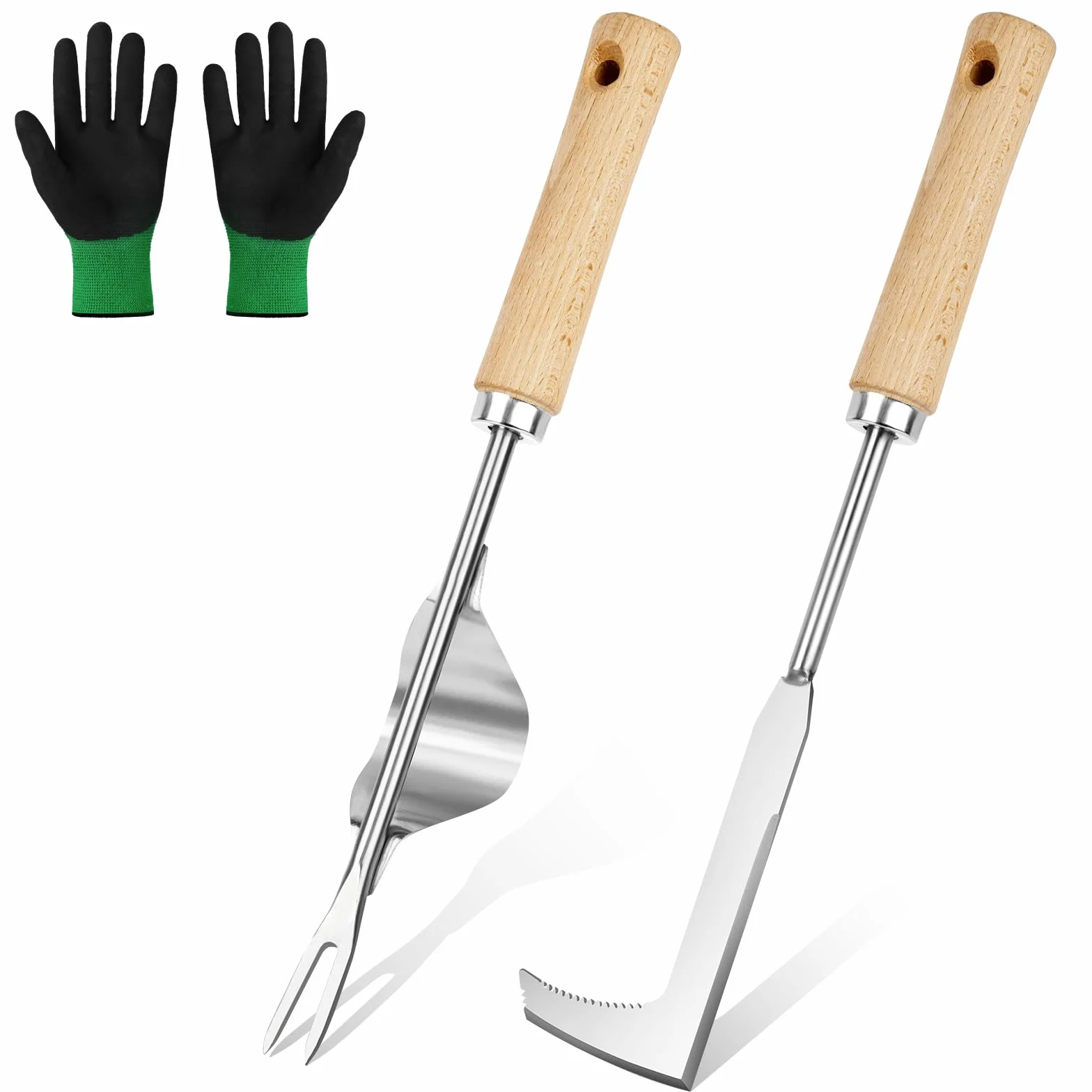 Desherbador Manual 3 Piezas Acero Inoxidable Kit Jardinería Mango Madera