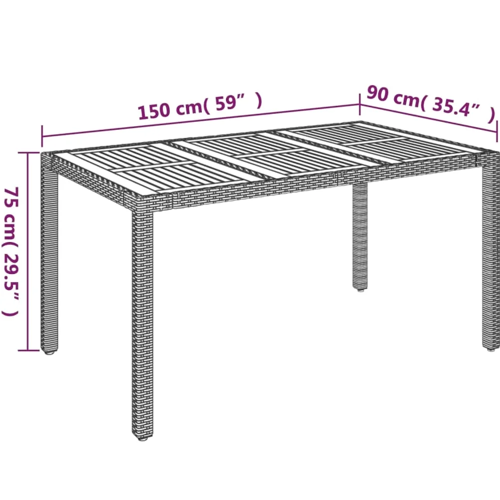 Mesa de jardín de ratán sintético negro 150 x 90 x 75 cm con tablero de madera de acacia maciza, mesa de jardín resistente al agua para terraza y jardín, marco de acero pulverizado
