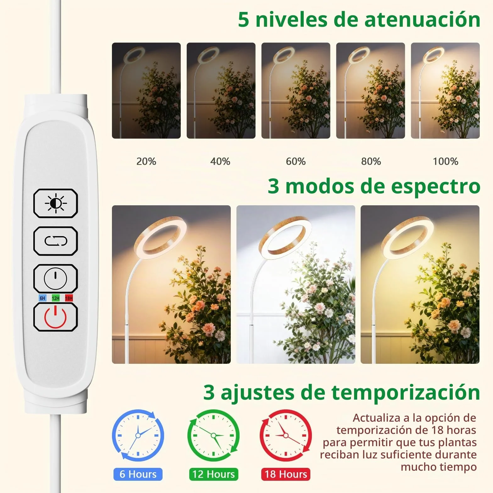 Luz de crecimiento con LED para plantas de interior, lámpara de crecimiento de espectro completo, temporizador de encendido/apagado automático 6/12/18H,42cm~170cm Altura ajustable para plantas grandes