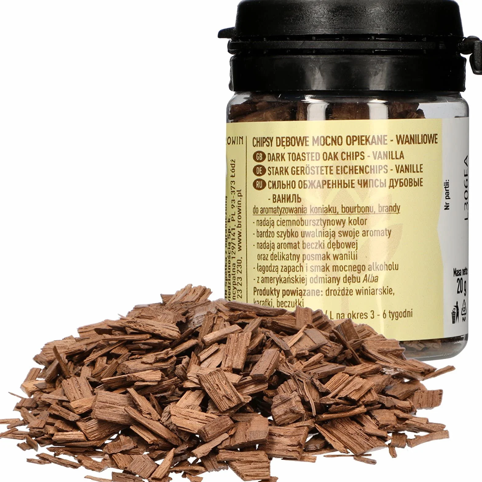 Browin Virutas de Roble Vainilla Muy Tostado 20 g Escamas Finas Varillas para Aromatizar Alcohol