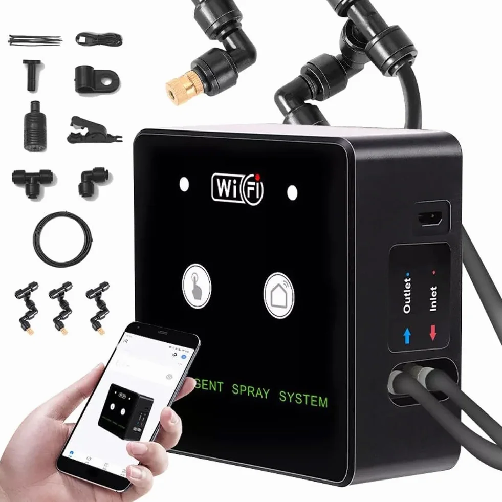 Pulverizador giratorio inteligente para terrarios con ciclos cronometrados y cobertura de pulverización omnidireccional para tanques de reptiles y paludarios (4 boquillas)