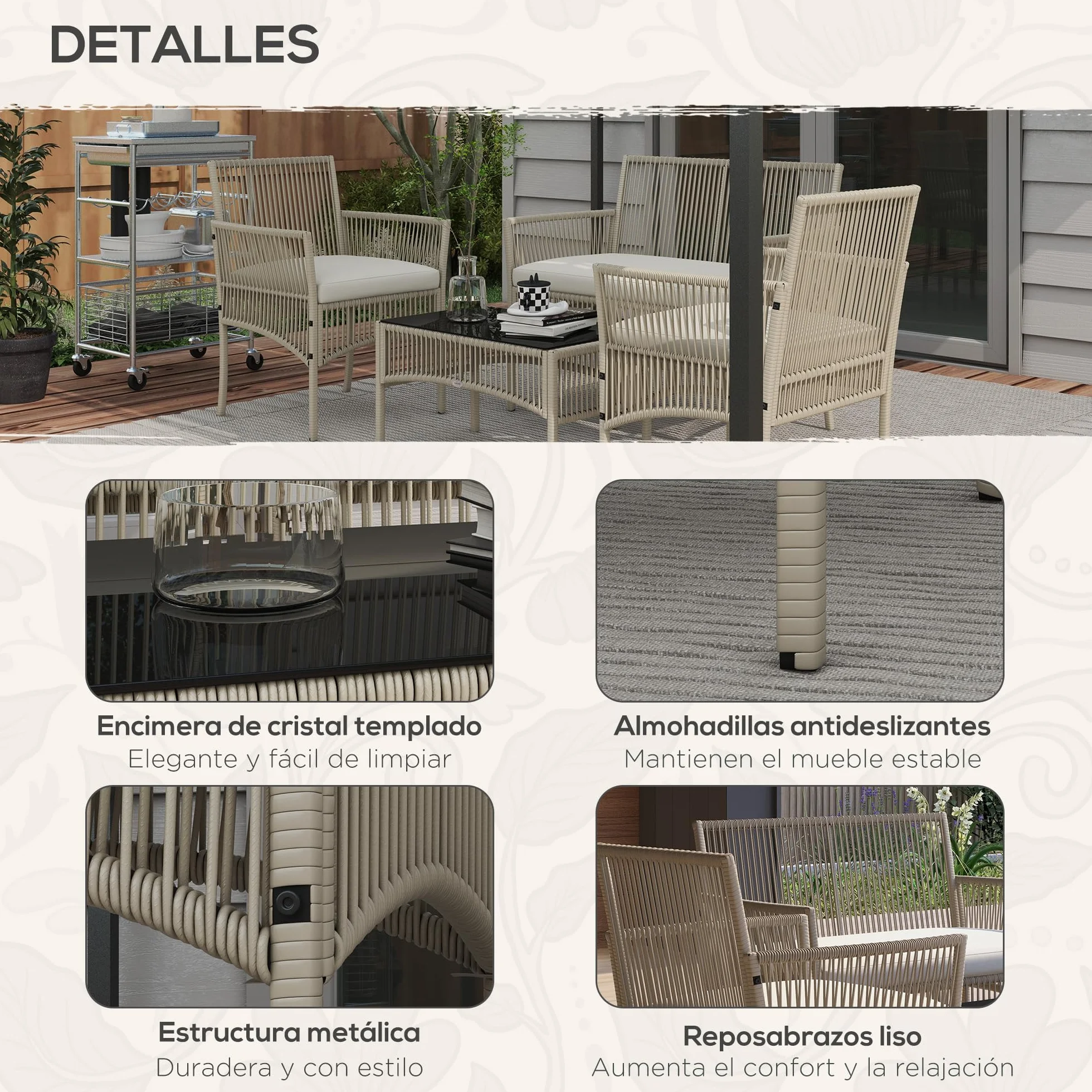 Outsunny Conjunto Jardín Exterior Ratán 4 Piezas Sofá 2 Plazas Sillones Cojines Mesa Tablero Vidrio Caqui