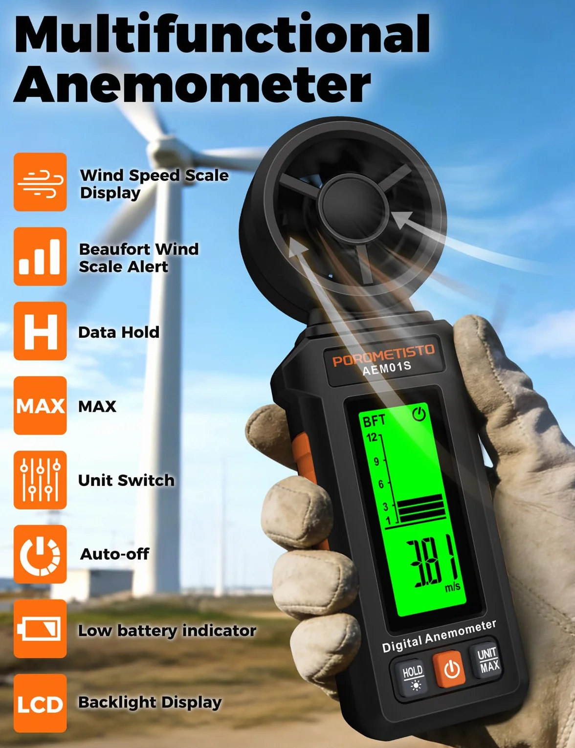 Anemómetro Digital AEM01S Portátil Antideslizante para HVAC