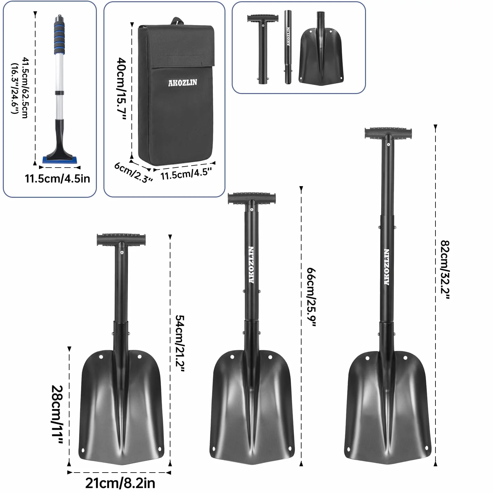 Pala telescópica de emergencia para nieve de aluminio, 21.2-32.3 pulgadas, plegable, con raspador de hielo y bolsa