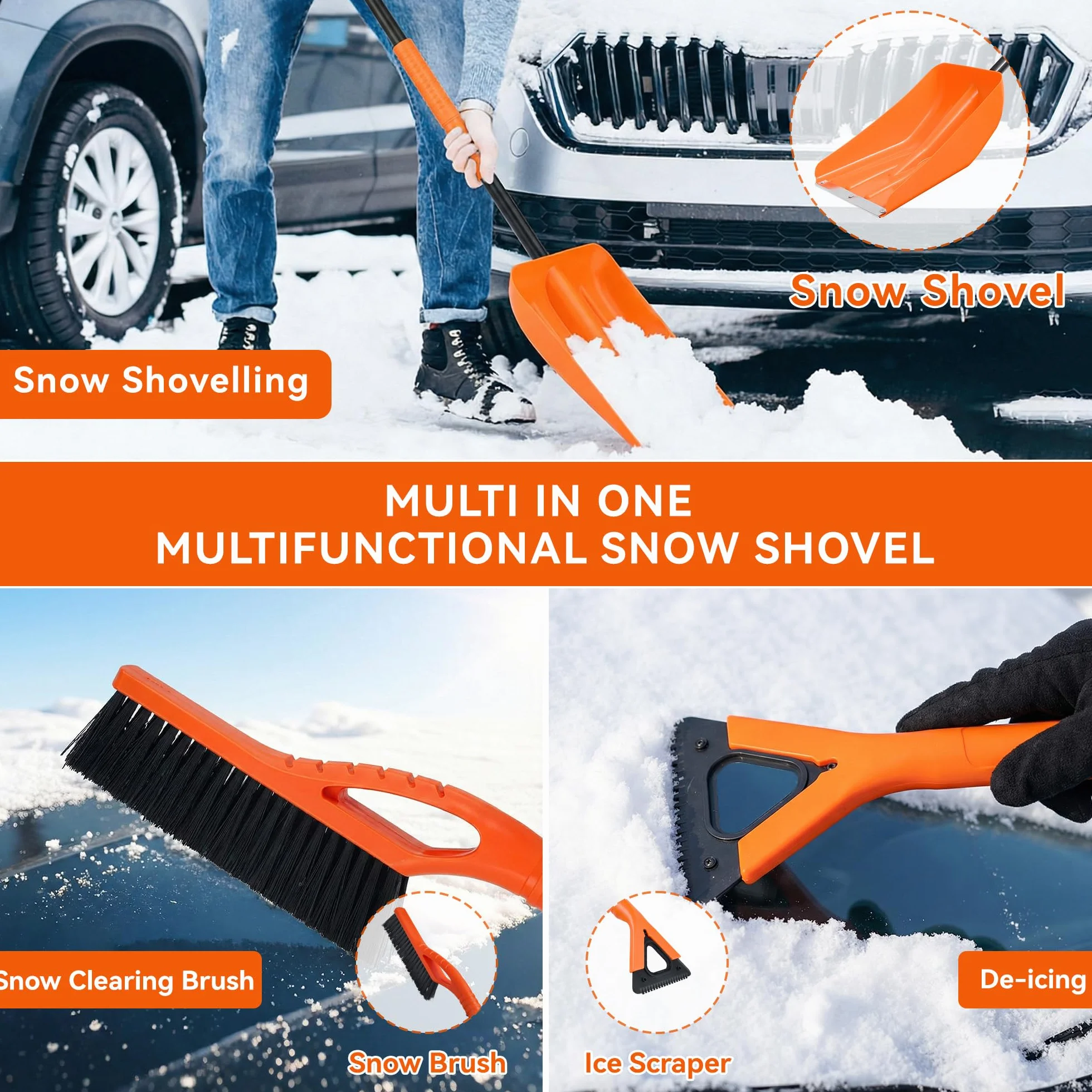 Kit de pala de nieve plegable 3 en 1 con cepillo y raspador de hielo, varilla telescópica de 127 cm
