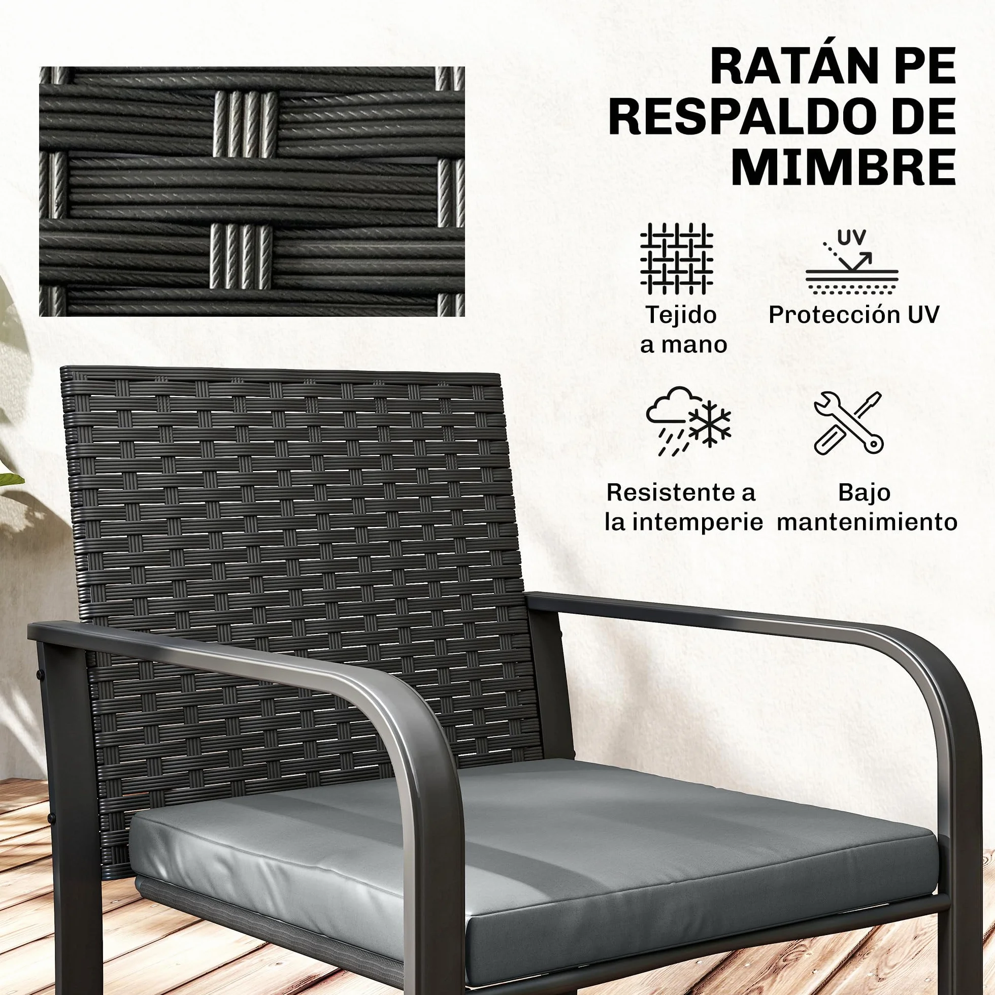 Outsunny Conjunto de Jardín Exterior de 3 Piezas, Muebles de Ratán con Sillas y Mesa de Vidrio Templado, Gris