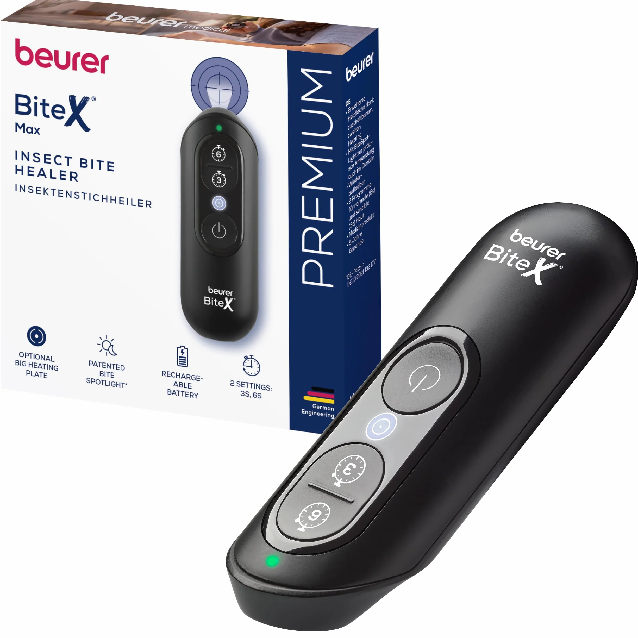Beurer BiteX Max Deep Black Aparato contra picaduras de insectos con superficie de calentamiento, batería recargable