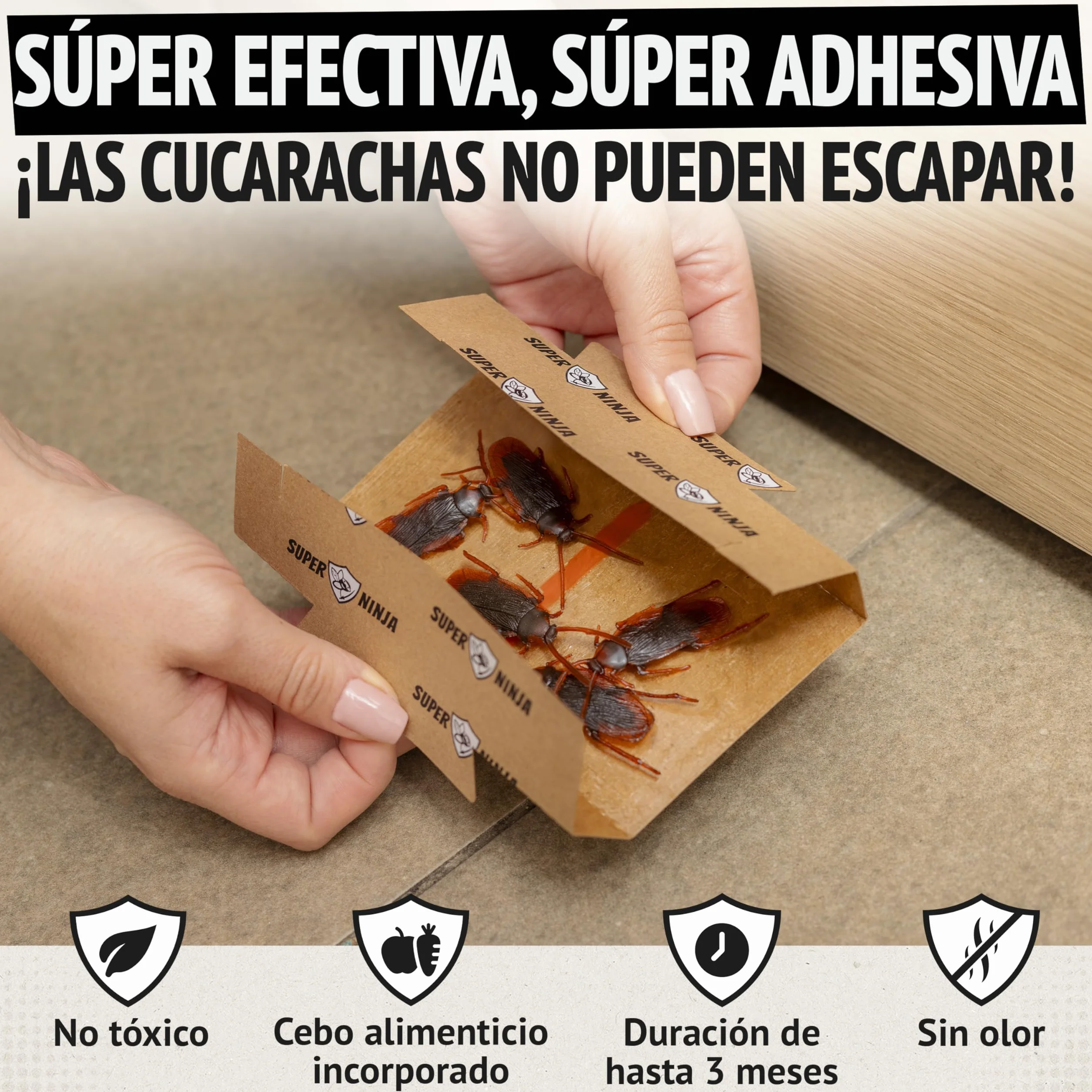 Trampas para Cucarachas Super Ninja – Pack 12 Unidades, Trampa Adhesiva con Atrayente Natural, Mata Cucarachas sin Tóxicos, Duración 3 Meses