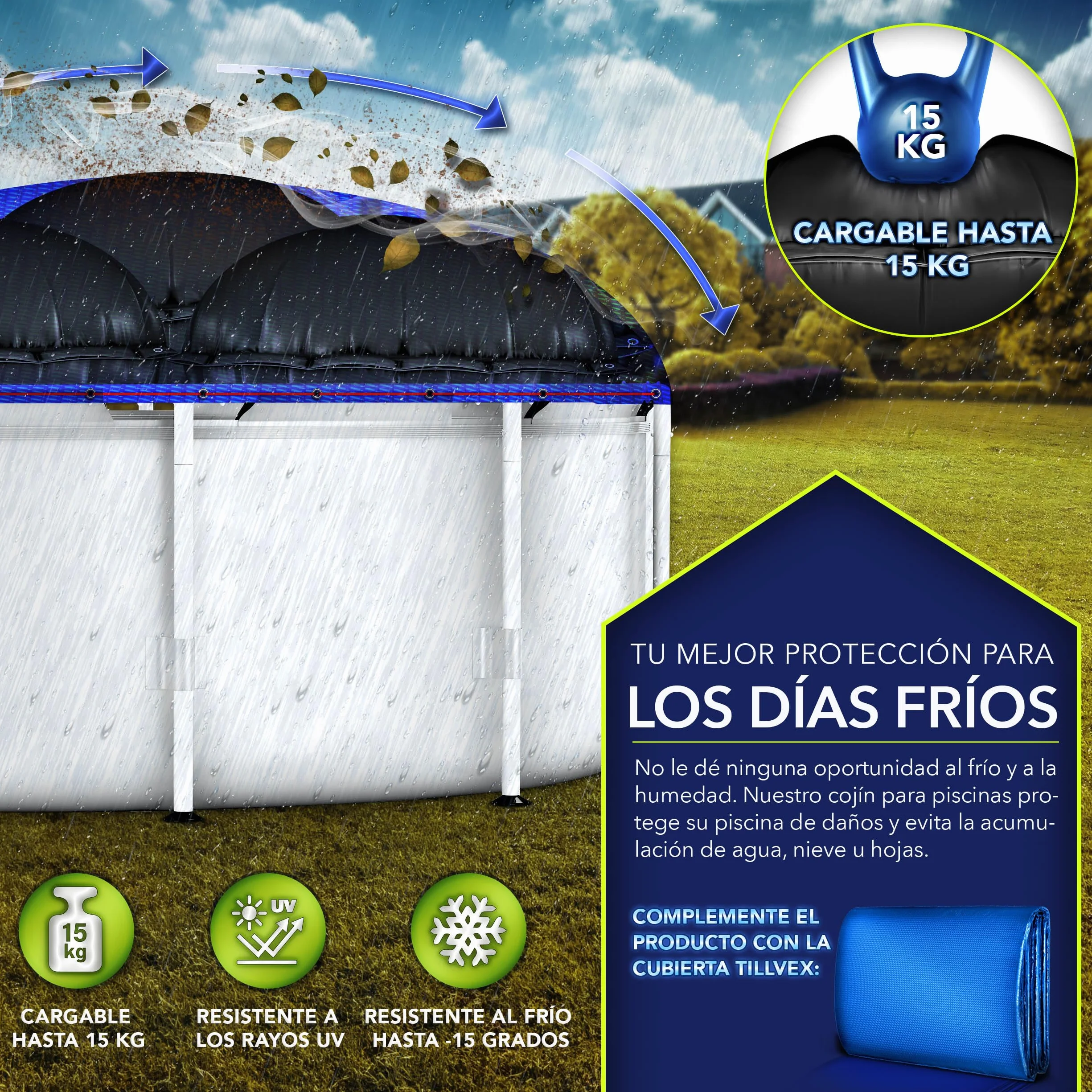 Tillvex Cojín de Piscina de Invierno XXL 500 cm Negro con Kit de Reparación, Válvula de Seguridad y Doble Costura