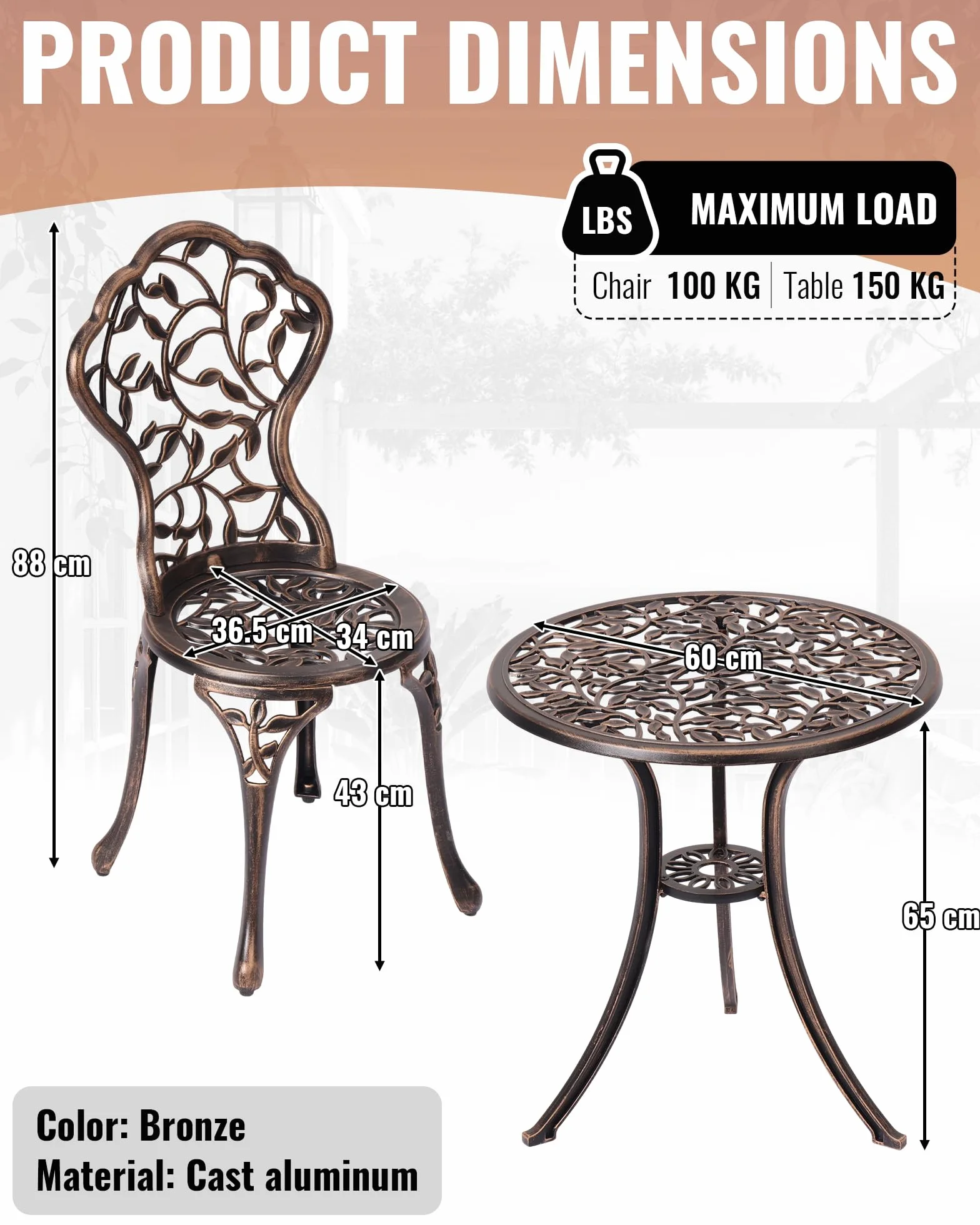 Conjunto de Mesa y Sillas de Jardín 3 Piezas Aluminio Fundido Bronce
