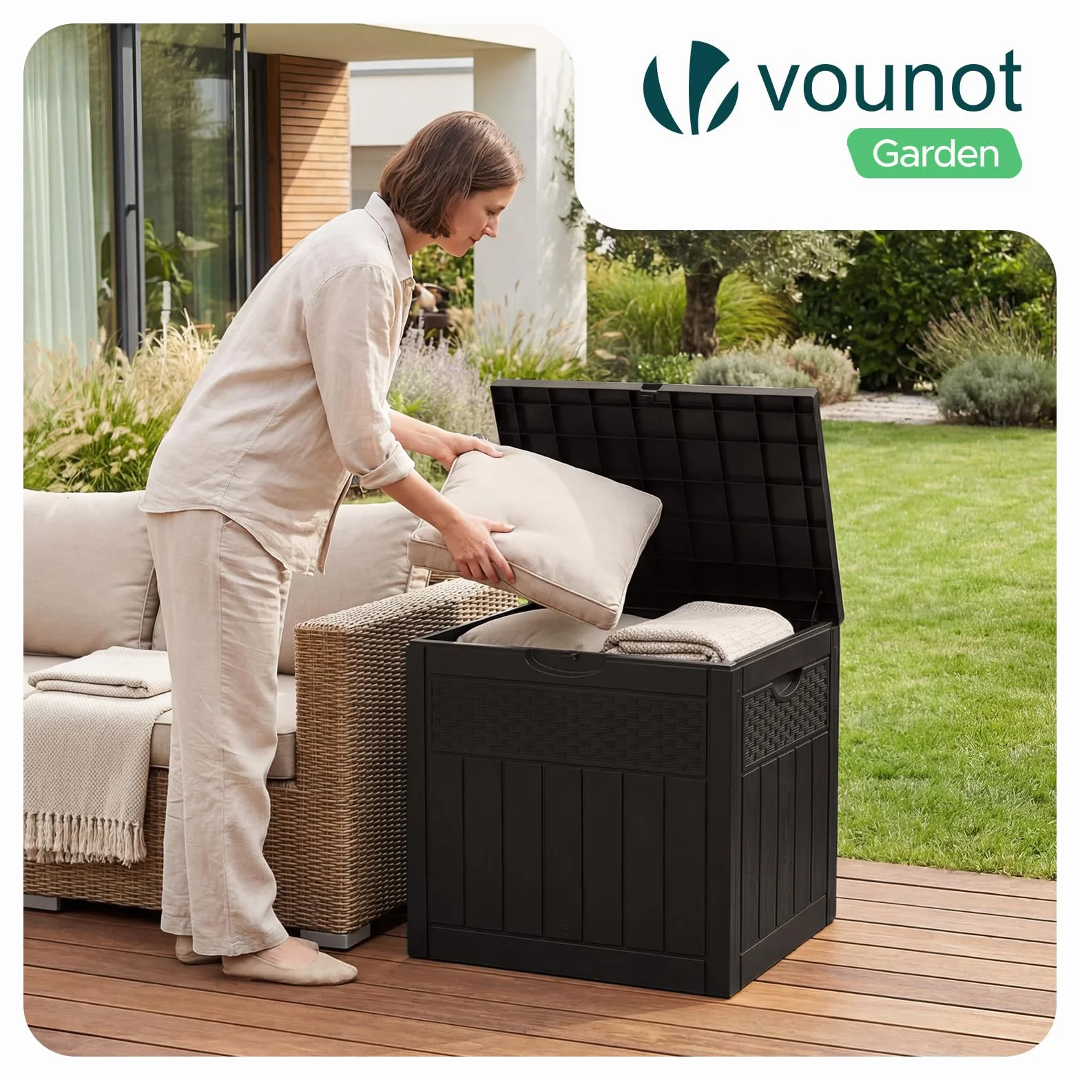 VOUNOT Arcón Exterior 126L PP Baúl Almacenaje con Tapa Bloqueable Impermeable 56x43x53 cm Marrón