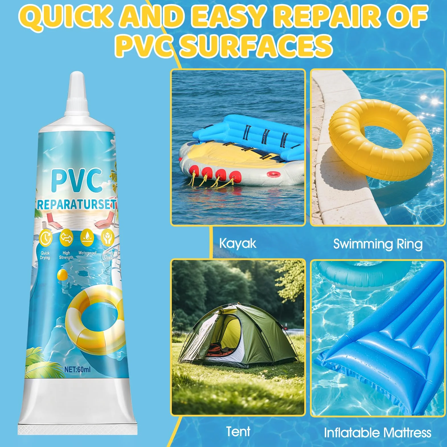 Kit de Reparación de Piscinas PVC Impermeable Miioto Parches Piscina 60ml