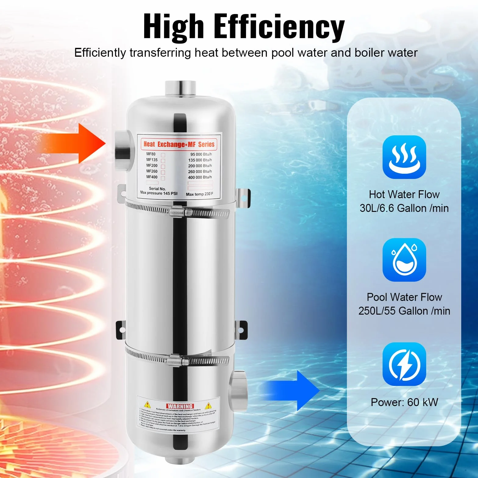 Bomba de calor para piscina 60 kW intercambiador de acero inoxidable 110 °C