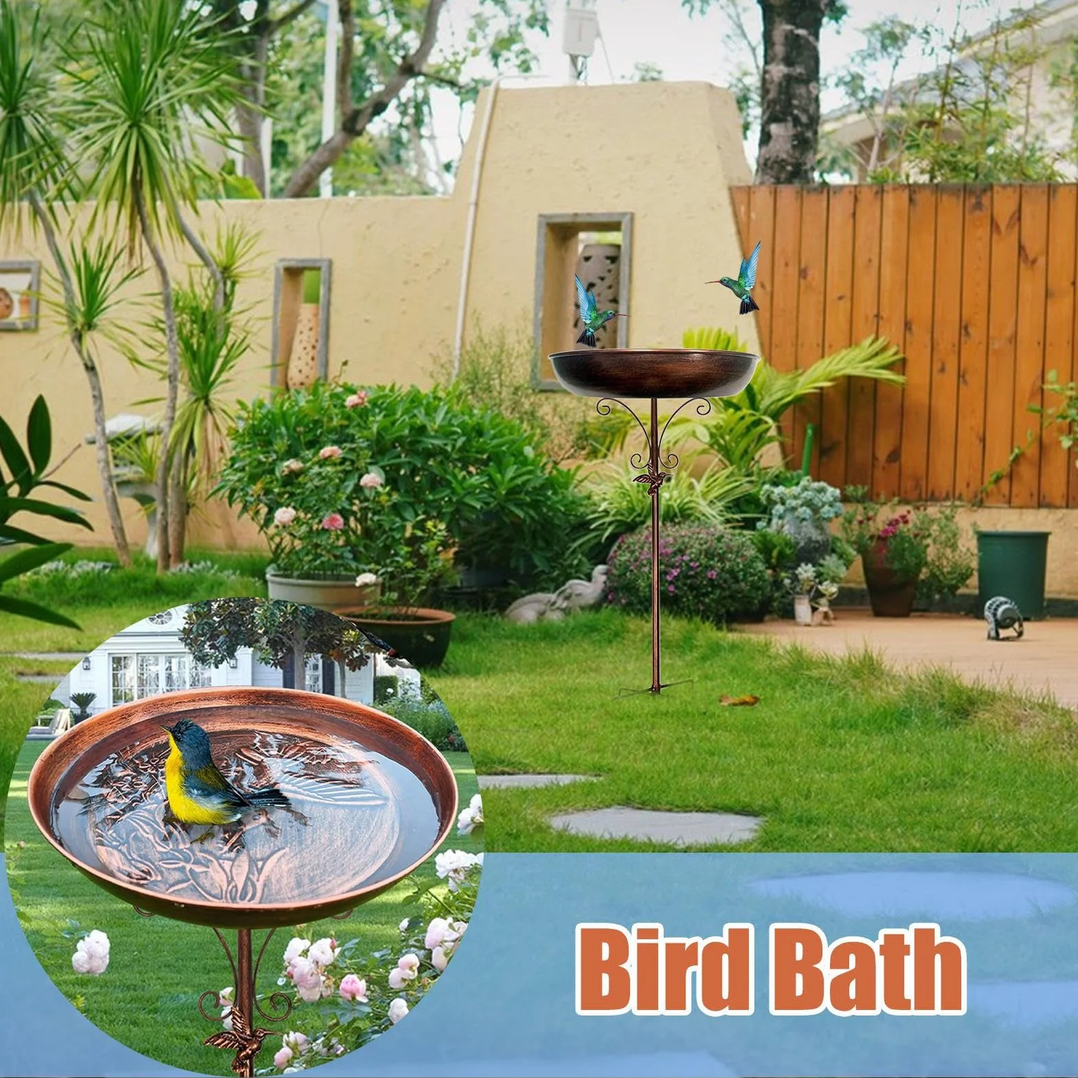 Teksome Bebedero para Aves Exterior, Metal con Soporte Decorativo para Jardín