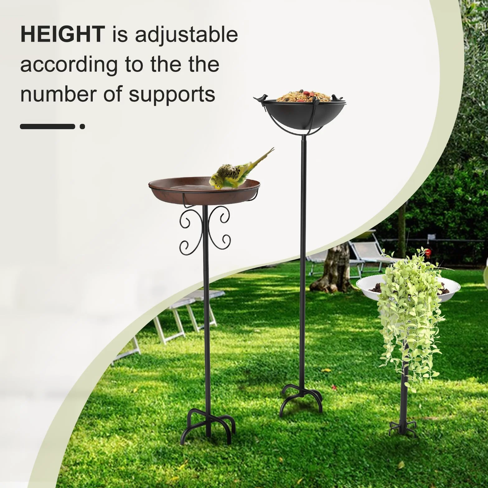 Comedero Pájaros Grande Metal con Soporte Exterior Altura Regulable 26x90 cm Negro
