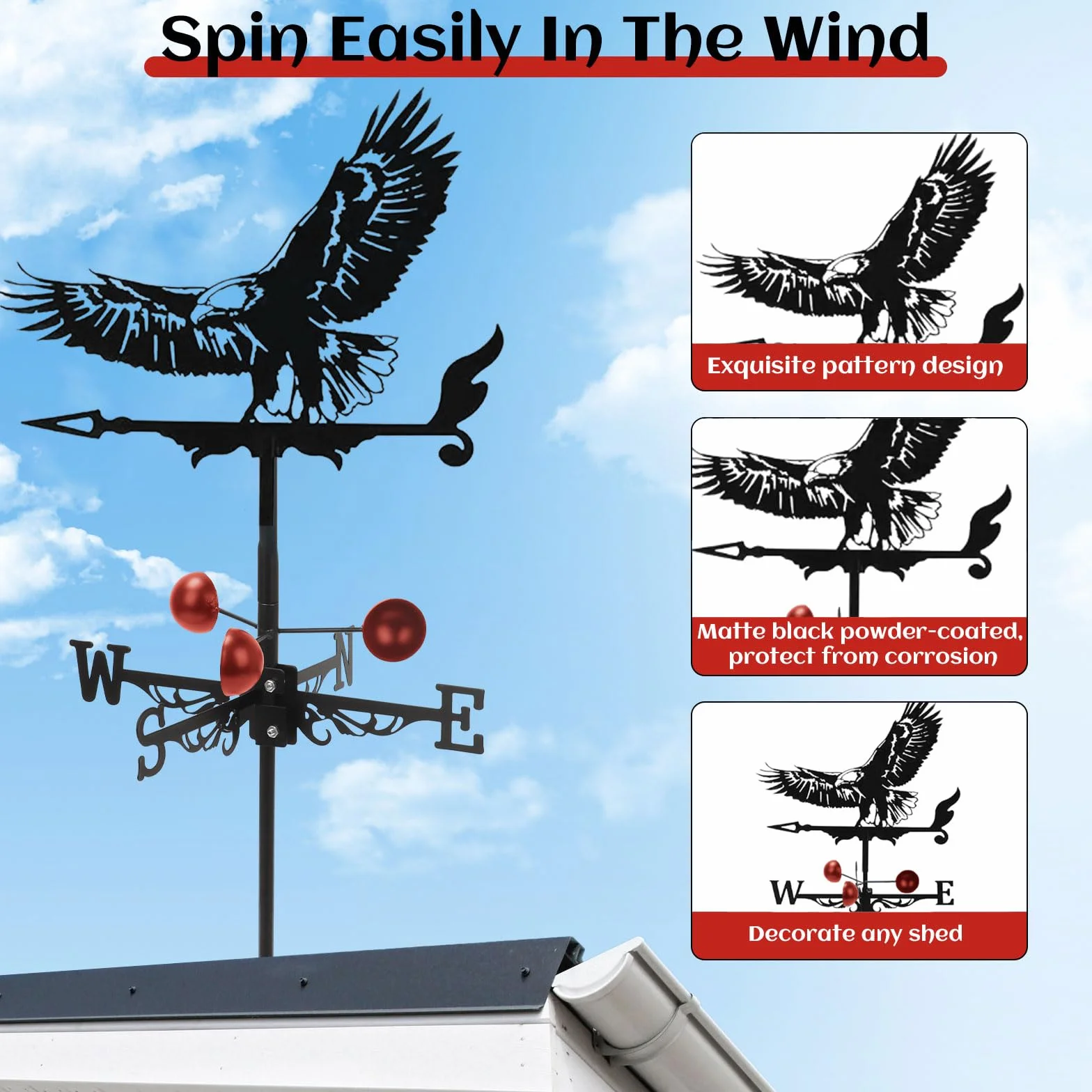 Metal Eagle Weather Vane 3D Roof Mount Outdoor Decor Garden Farm Patio