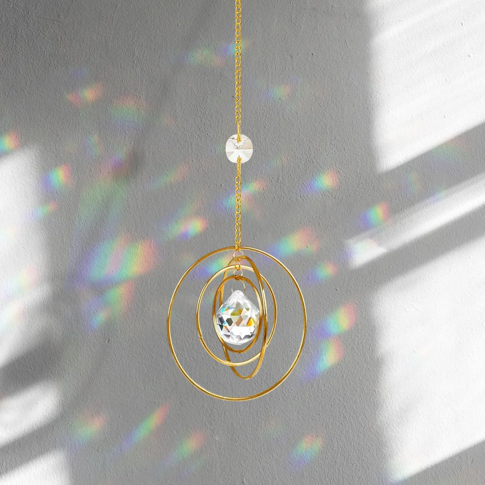 Captador de sol de cristal arco iris prismas decoración ventana colgante 4 círculos latón