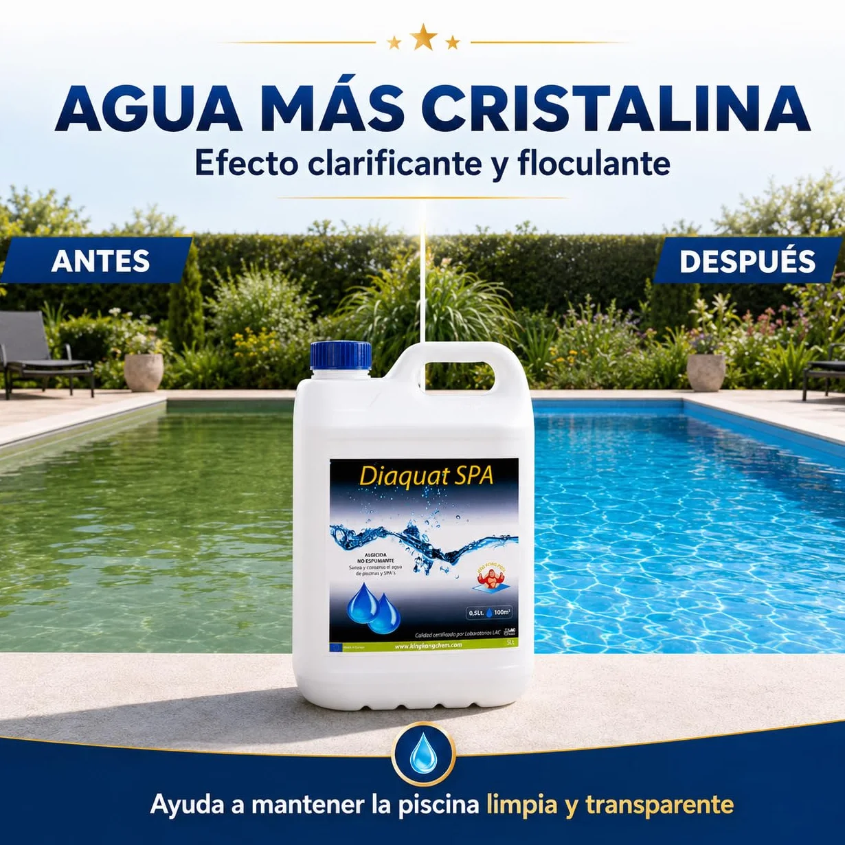 Algicida ULTRACONCENTRADO DIAQUAT SPA 5 L Antialgas de acción rápida Efecto CLARIFICANTE de Larga duracion Apto para Liner