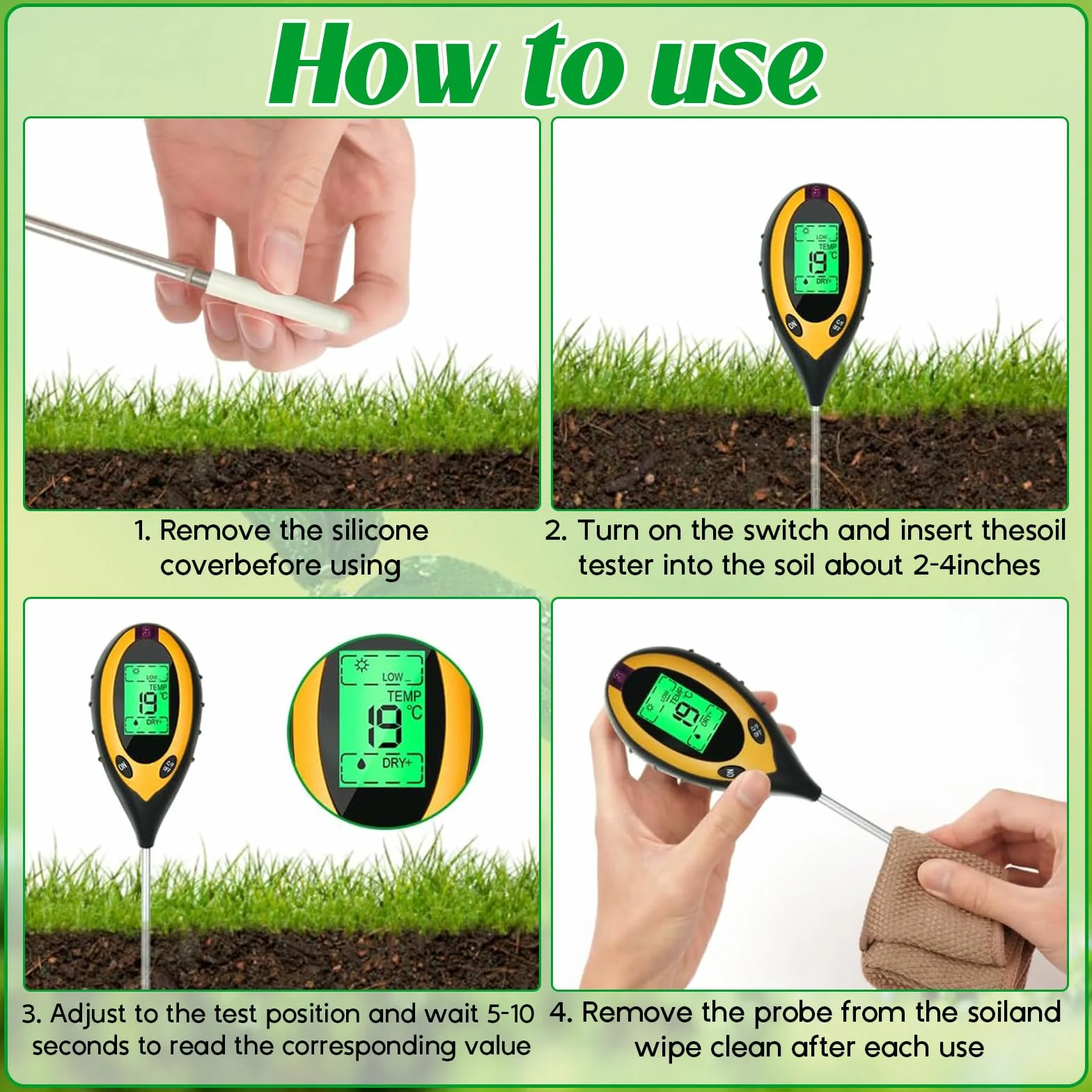Medidor de Suelo 4 en 1 pH/Humedad/Temperatura/Luz con Pantalla LCD para Jardín y Plantas
