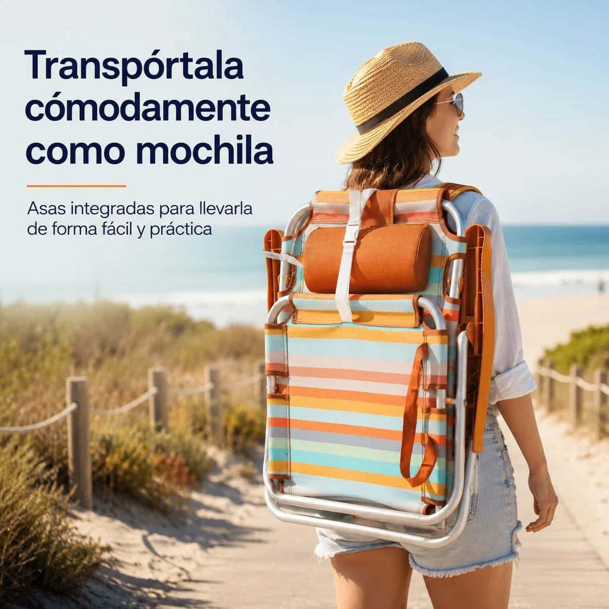 Silla de Playa Plegable Aluminio Reclinable Mochila 22cm Altura Asiento 25cm Reposacabezas Ocre Rayada