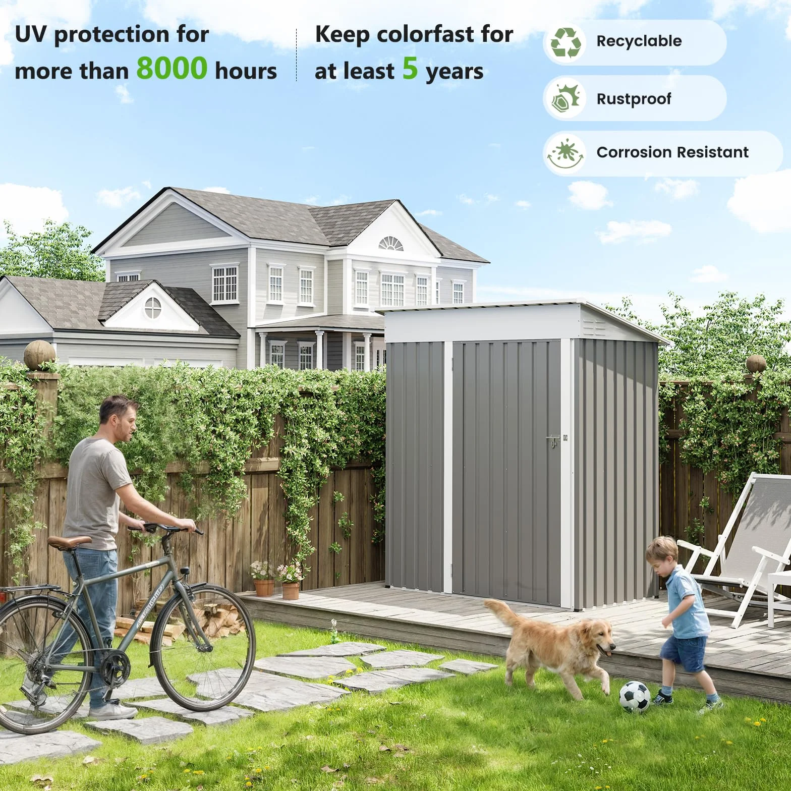 UDPATIO Caseta de Jardín Exterior Metálico Galvanizado Impermeable 162x92x182 cm Gris Almacenamiento Herramientas