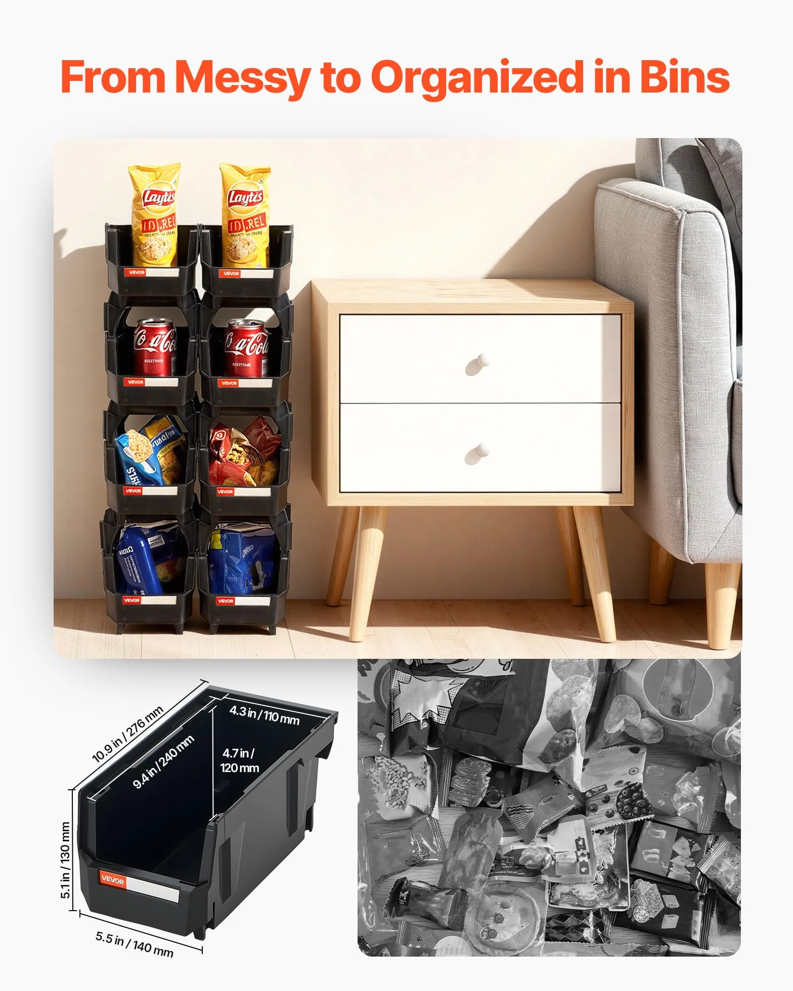 VEVOR Cajas Apilables de Almacenamiento, 276 x 140 x 130 mm, Plástico PP, Transparentes, 8 uds, Negro