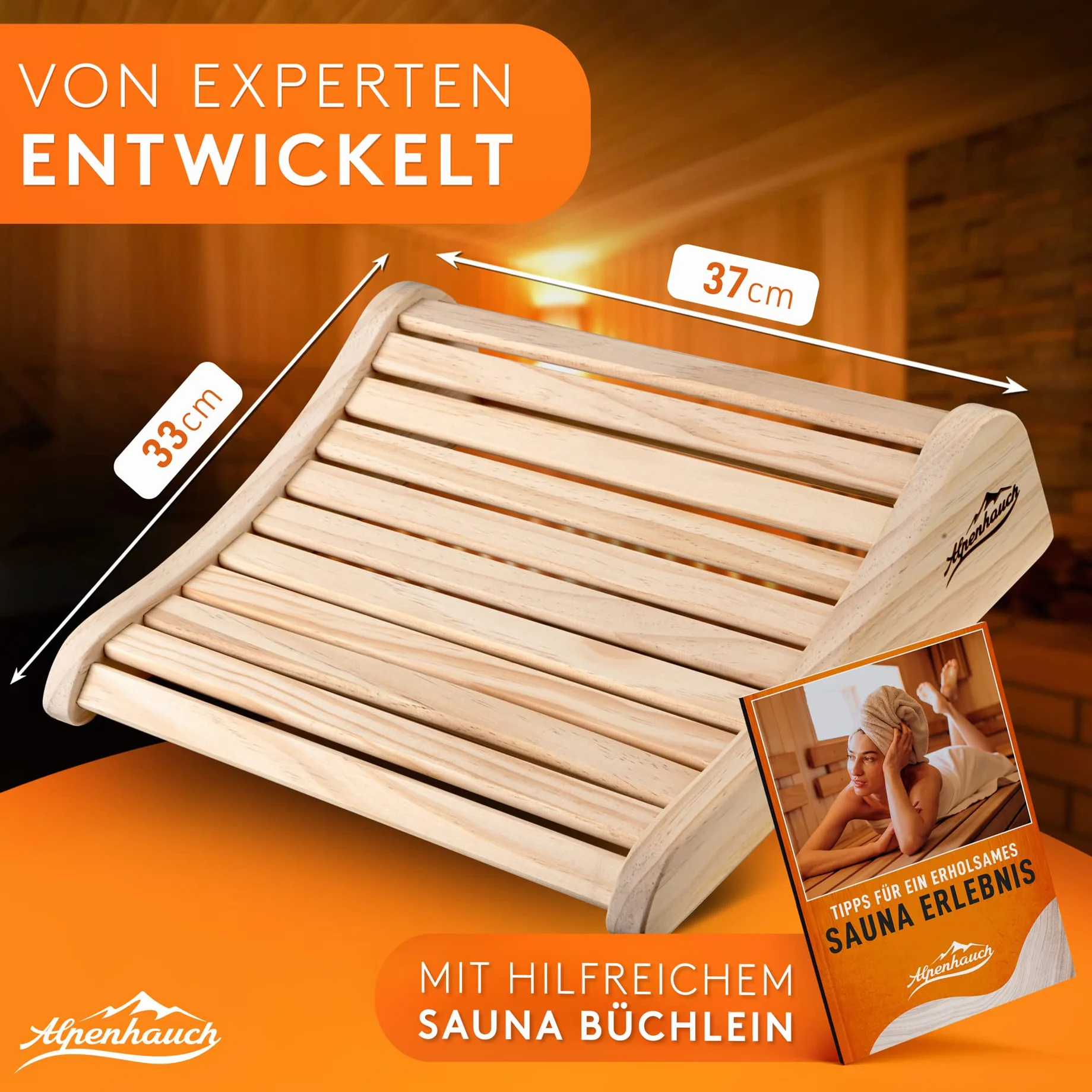 ALPENHAUCH Reposacabezas de madera para sauna [100% madera natural] – Reposacabezas ergonómico para sauna de madera – Accesorios nobles para sauna cabina de infrarrojos – Cómodo y ancho reposacabezas