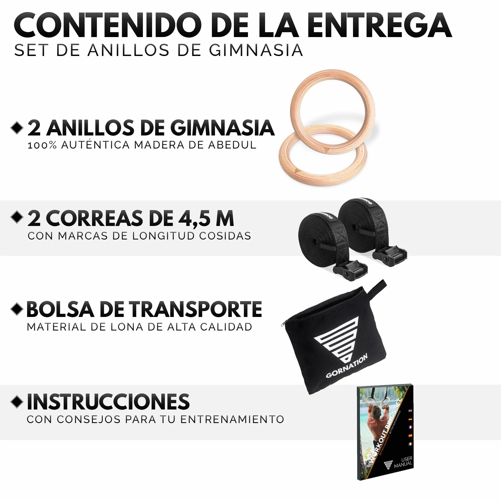 GORNATION Anillas de Gimnasia de Madera con Correas Ajustables y Bolsa de Transporte