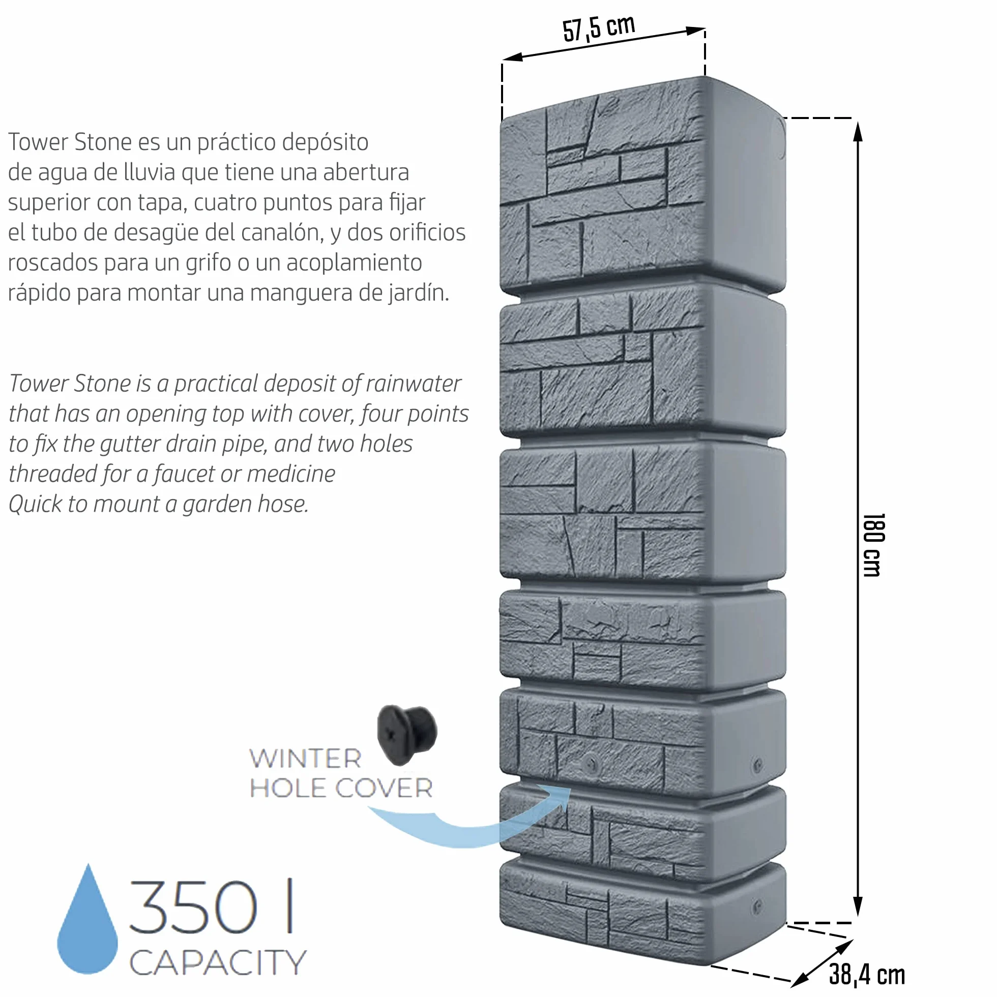 Barril de captación de agua Tower Stone 350l 575x384x1800 mm