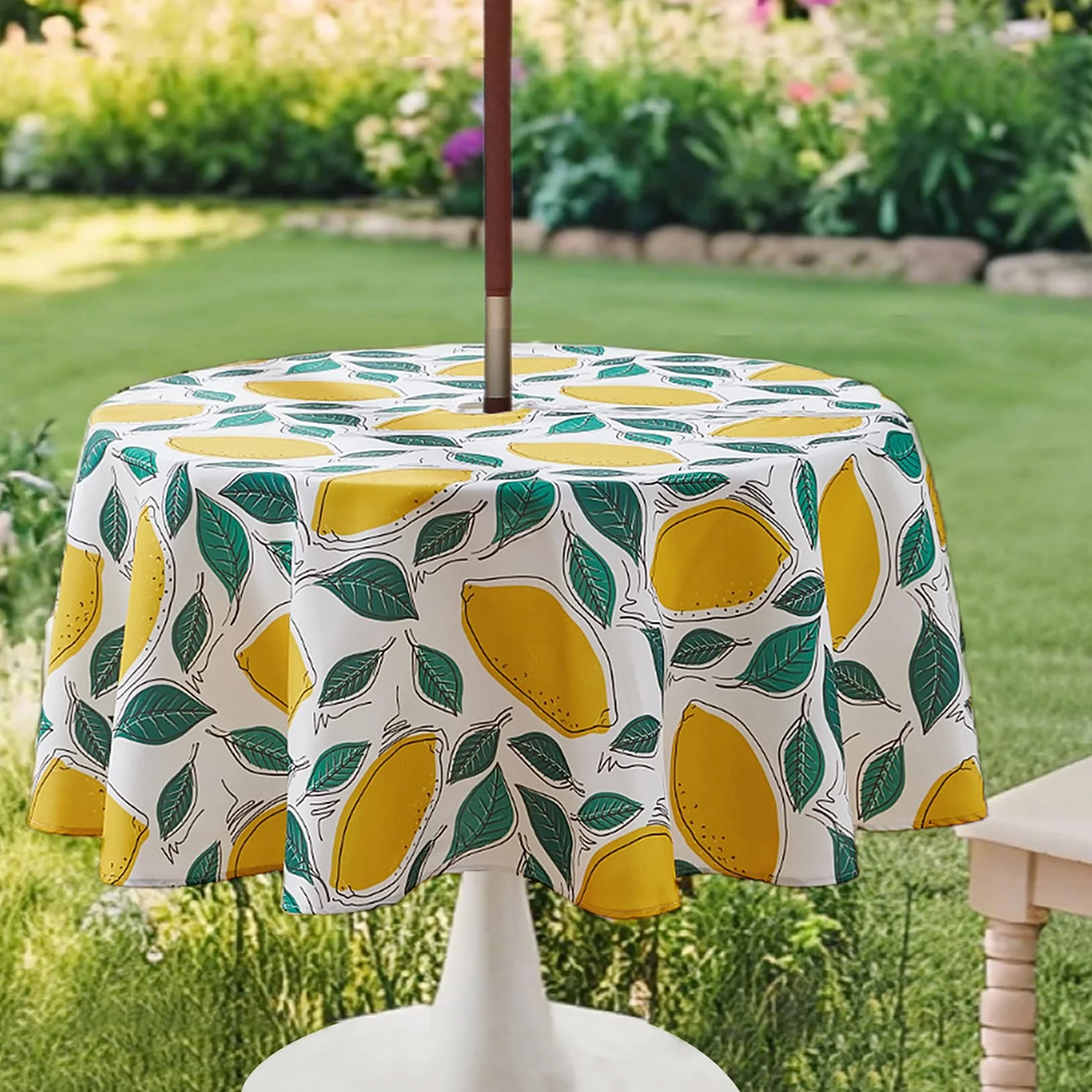 SUCHDECO Mantel redondo para exteriores 150 cm impermeable floral con agujero para sombrilla y cremallera lavable amarillo limón