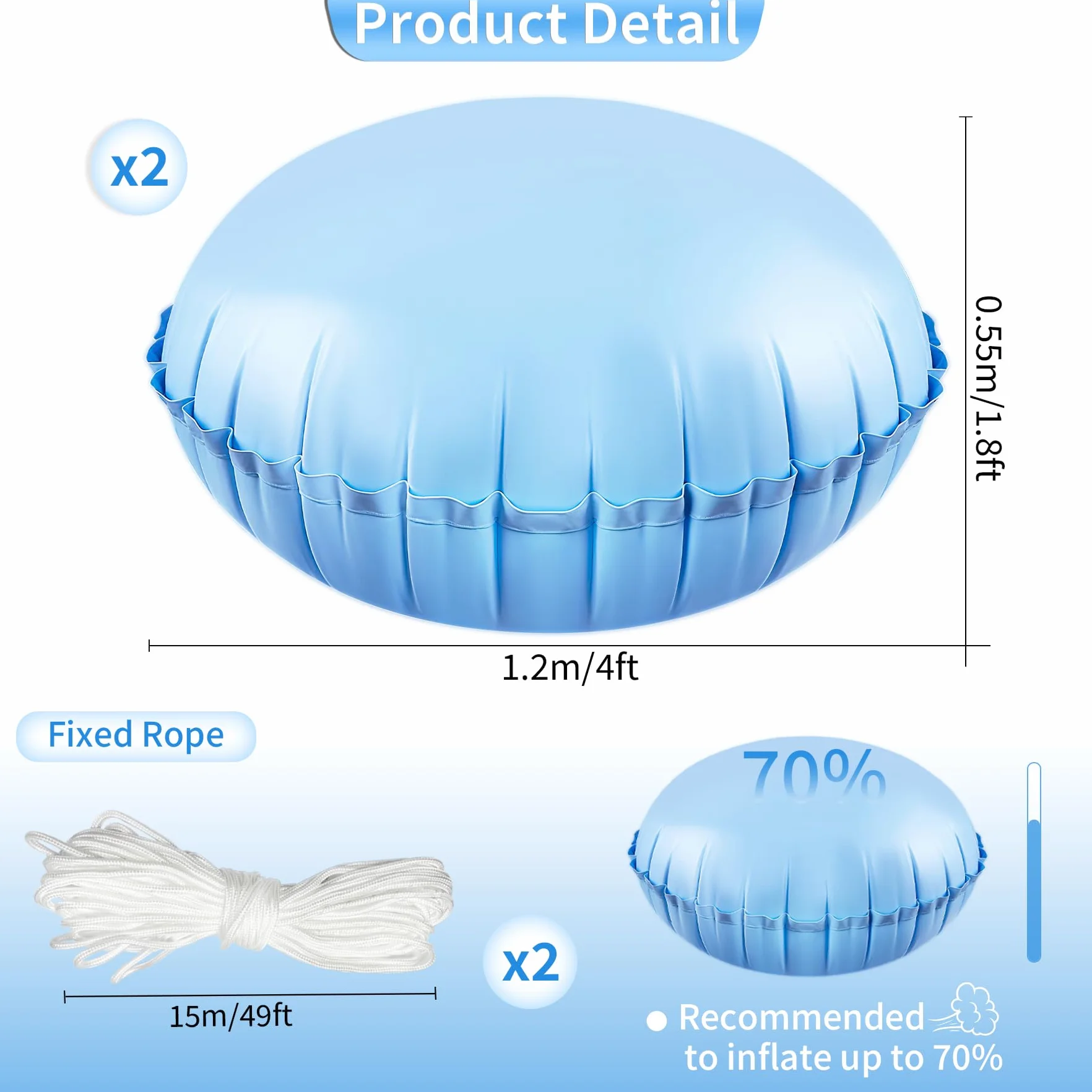 TZEKING 2 Piezas Cojín de Aire para Piscina Redondo con Cuerda de 15 m, Inflable para Piscinas y Spas