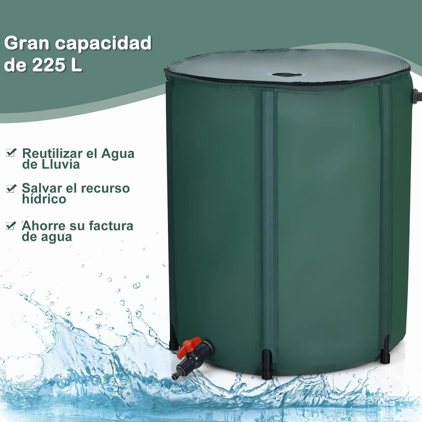 GOPLUS Barril de Lluvia Plegable 225 L Depósito Agua con Grifo Válvula Drenaje Filtro Tanque Recogida Agua Lluvia Riego Jardín