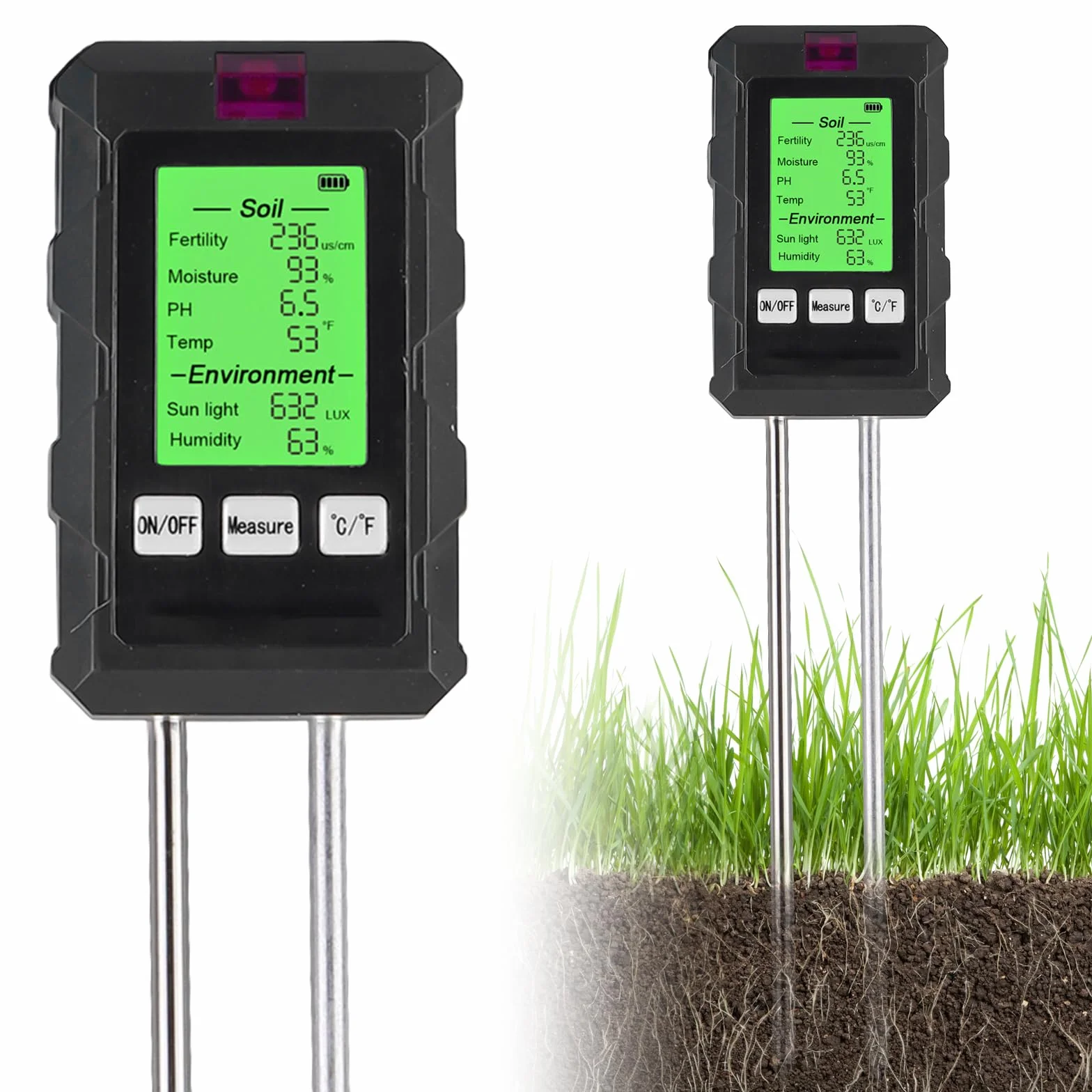 Vegena Medidor de humedad 6 en 1 para plantas, medidor de suelo pH temperatura luz solar humedad ambiental
