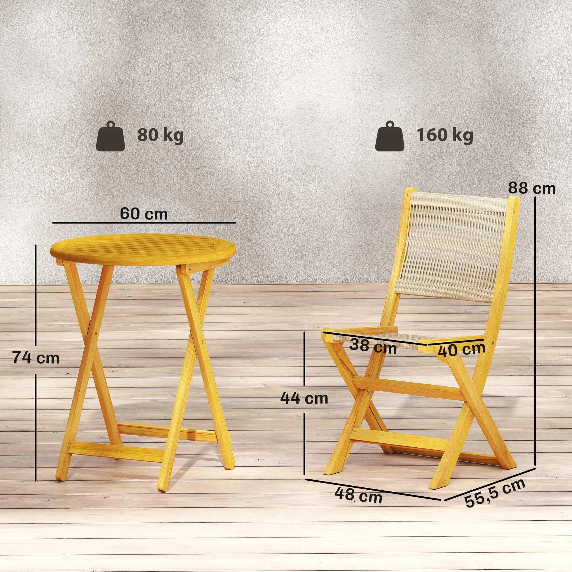 Outsunny Conjunto de Mesa y Sillas de Terraza Exterior de Madera 3 Piezas, 2 Sillas Plegables, Asiento Respaldo de Cuerda PP, Mesa Redonda para Patio