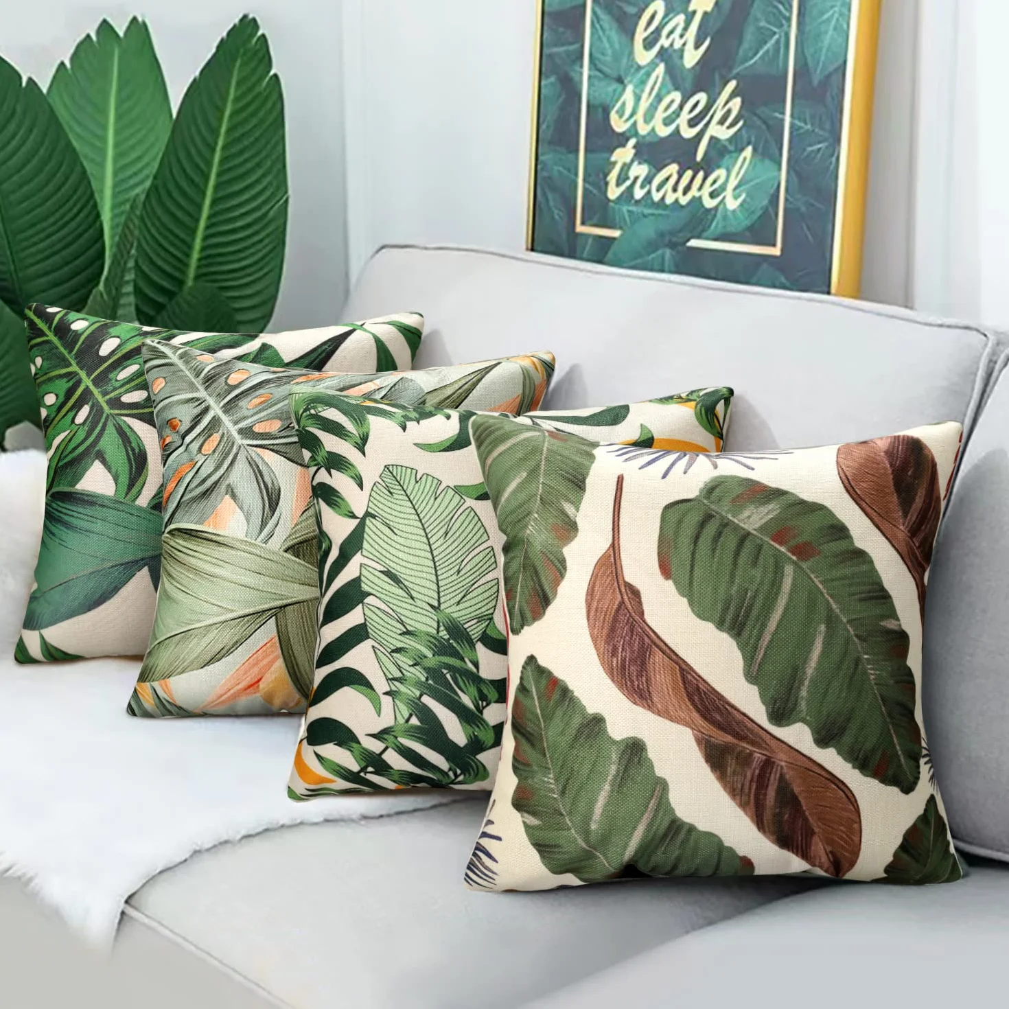 Fundas de Cojines Exterior 40x40cm Impermeable Plantas Tropicales Lino 4 Piezas