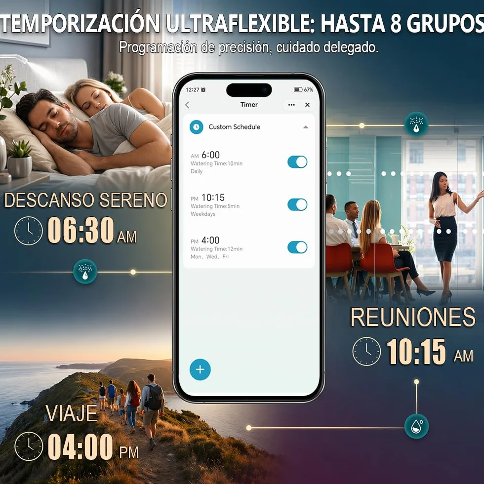 Programador de riego WiFi 2 Zonas, Temporizador Solar Recargable Doble Salida, Conectores Latón, App Smart Life, Alexa Google Assistant