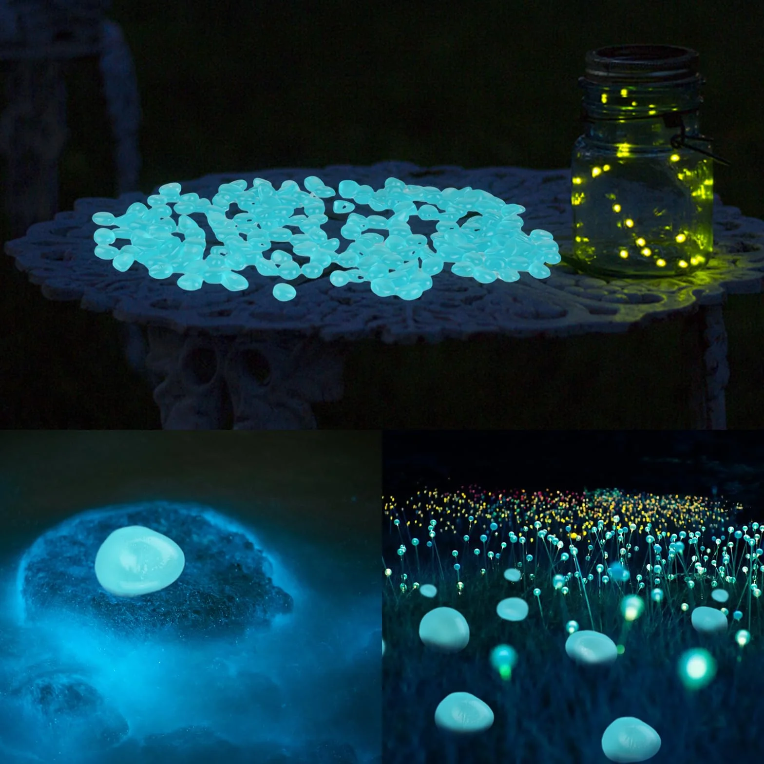 Piedras Luminosas Jardin 300 Piezas Azul, Piedras Decorativas Fluorescentes para Jarrones Acuario Macetas Balcón