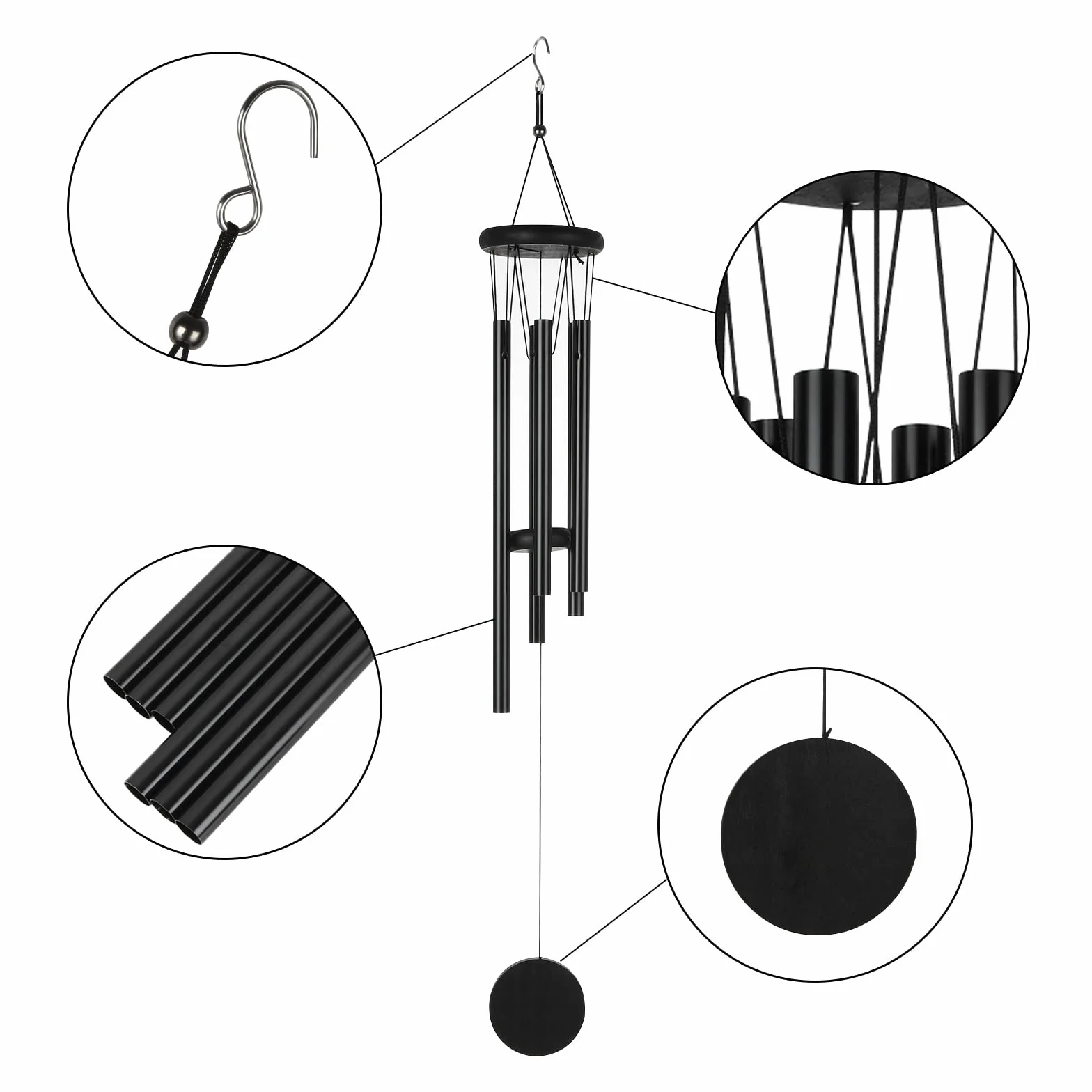MIVIDE Carillones de Viento Metal Negro, 6 Tubos Campanas de Viento para Colgar al Aire Libre, Tiembre de Vienti Aluminio para Exterior, Decoración del Hogar, Jardín, Terraza, Regalos