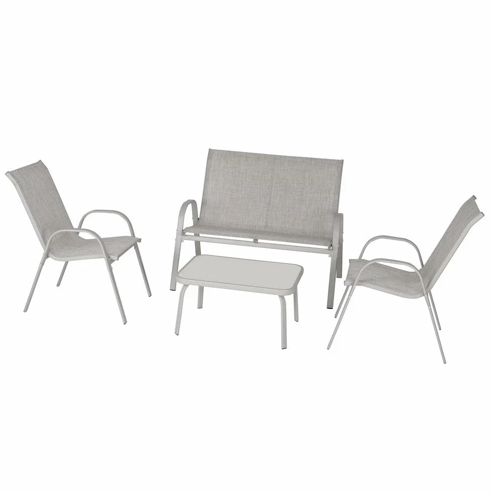 MONTY Set de Jardín en Color Beige. Compuesto por 1 Sofá, 2 Sillones y 1 Mesa. Tratamiento anticorrosión y UV. Resistente Estructura de Acero, Tejido Reforzado y Cristal Templado. Colección Chic
