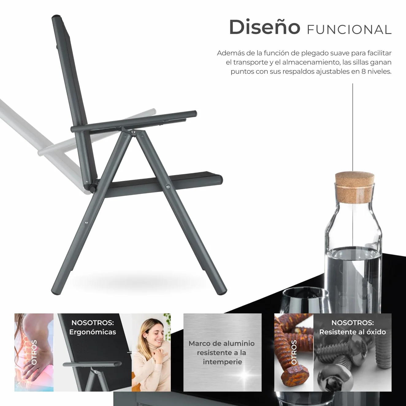 tectake Conjunto Muebles Jardín Exterior 9 Piezas, Aluminio, Mesa y Sillas Terraza Impermeables, Antracita