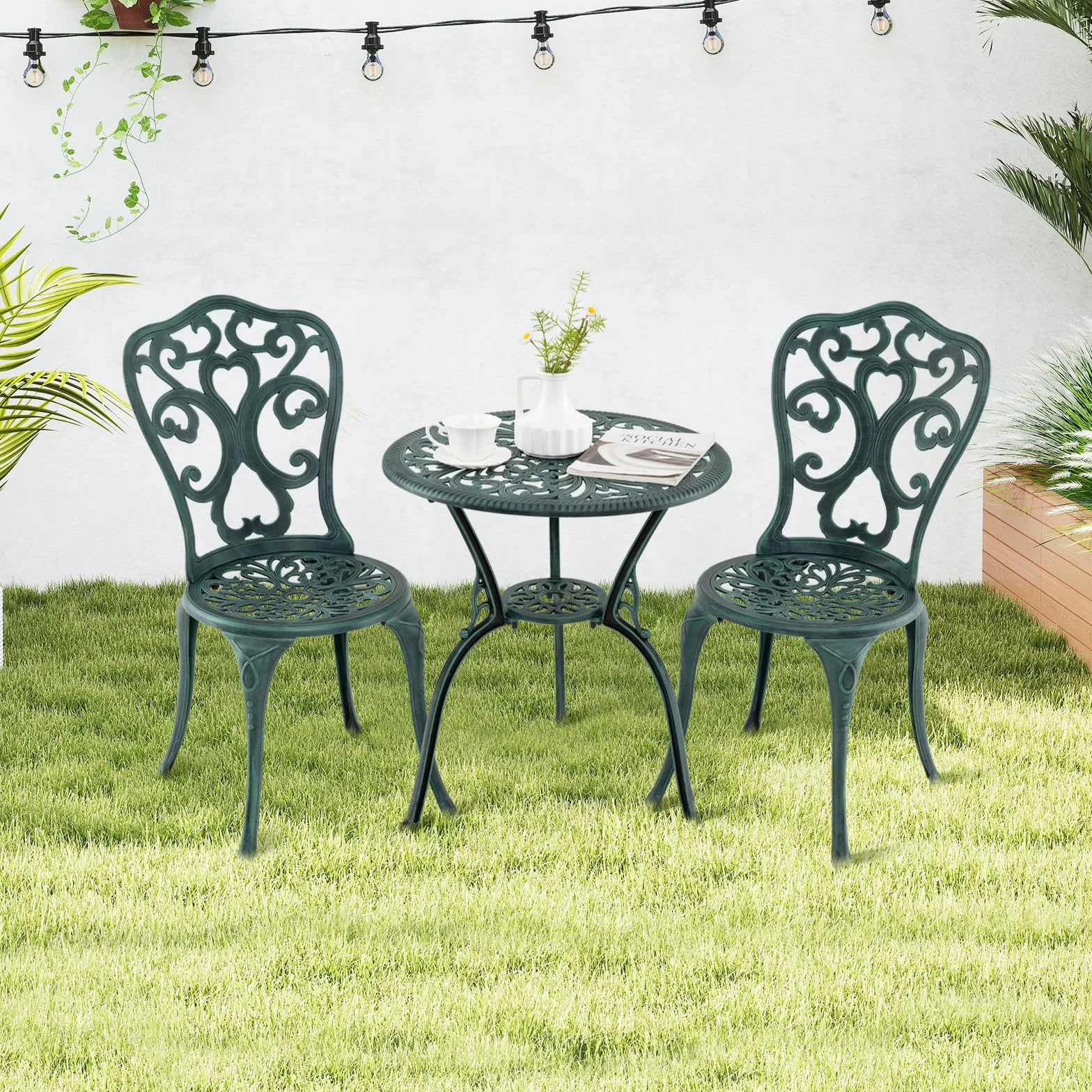 COSTWAY Conjunto Jardin Exterior 3 Piezas Sillas Mesa Aluminio Fundido Agujeros Sombrilla