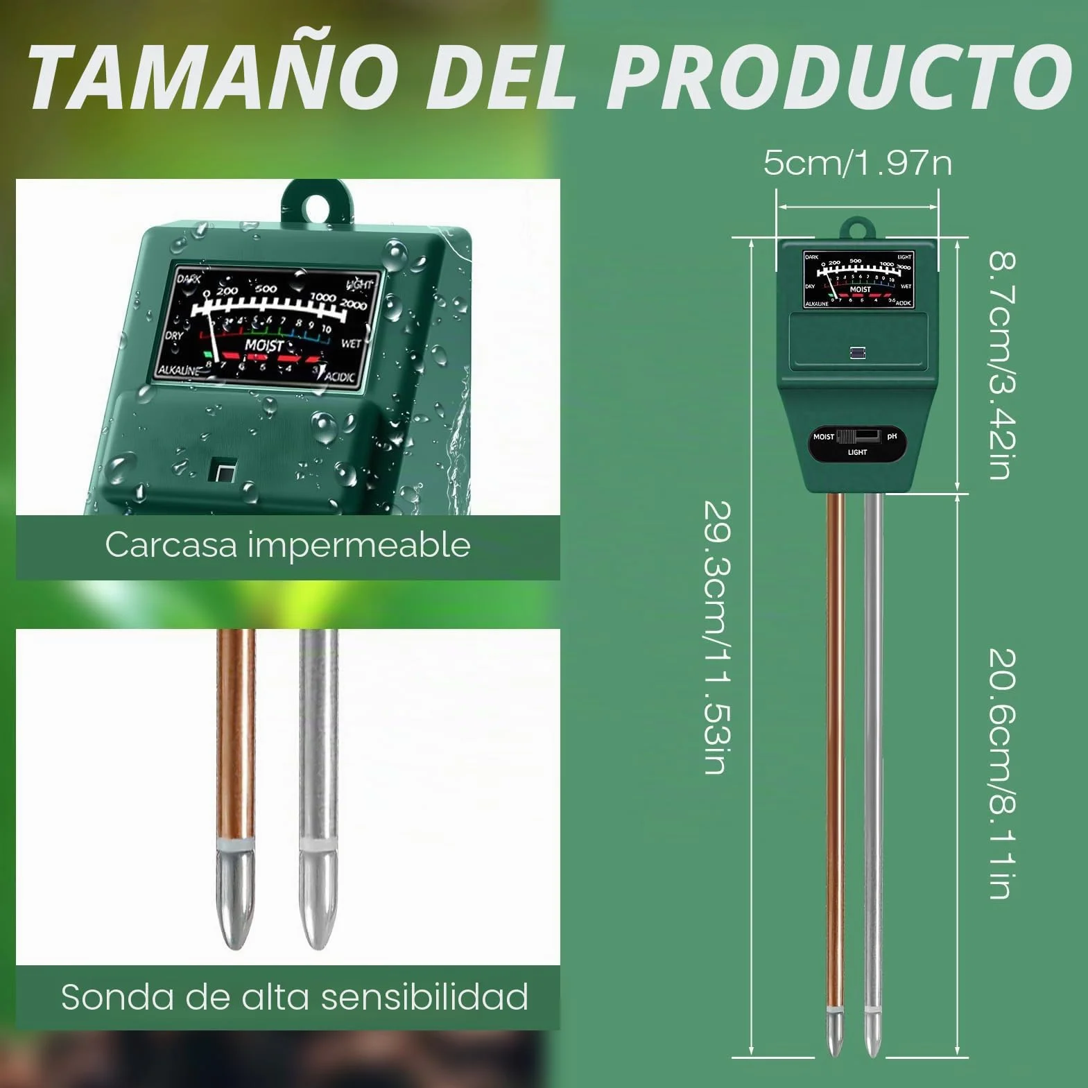 Medidor de Humedad y pH de Suelo, Higrómetro Sensor de Luz Preciso para Plantas Interior y Exterior