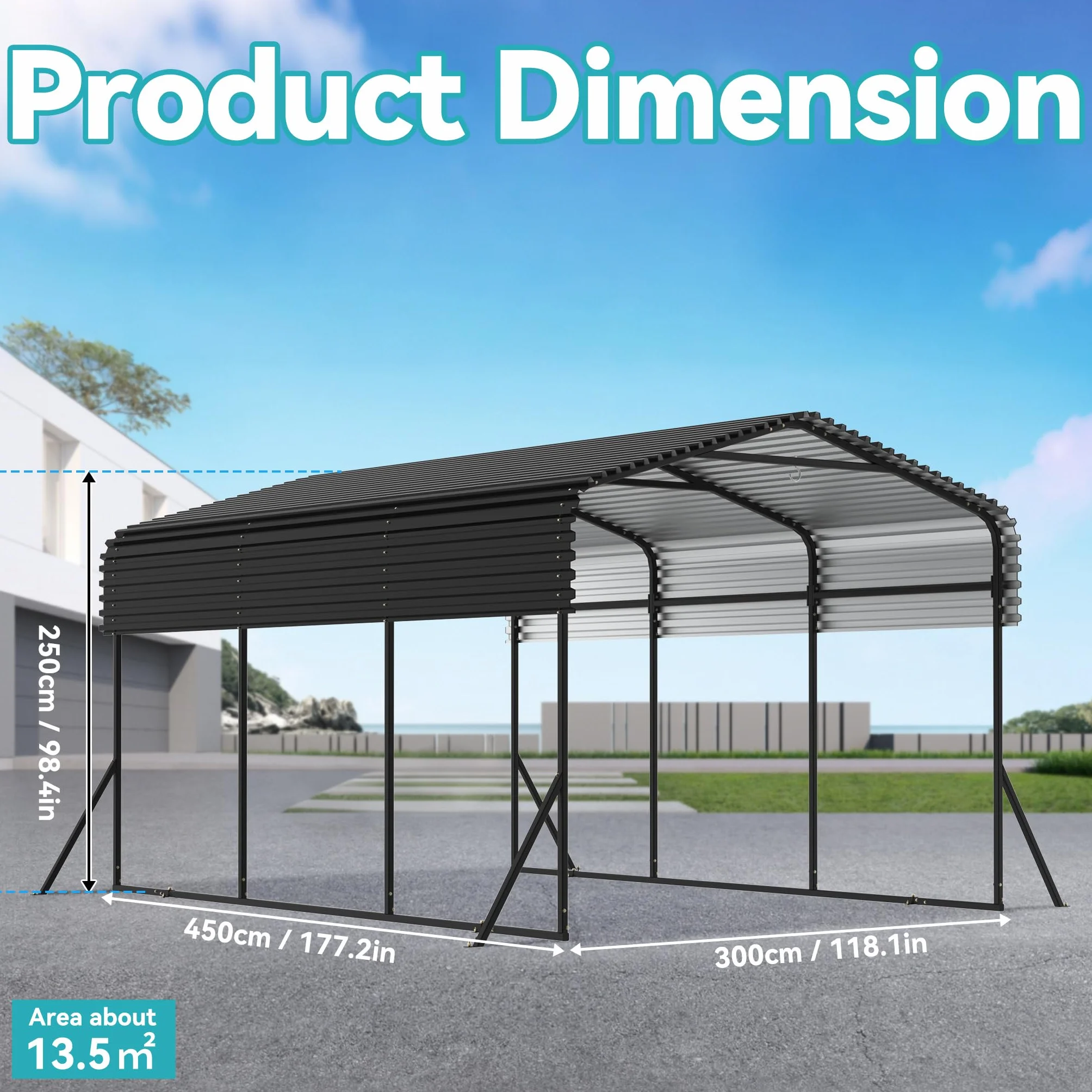 Aufun Garaje de metal 4,5 x 3 x 2,5 m para coches camiones barcos toldo techo acero marco metal