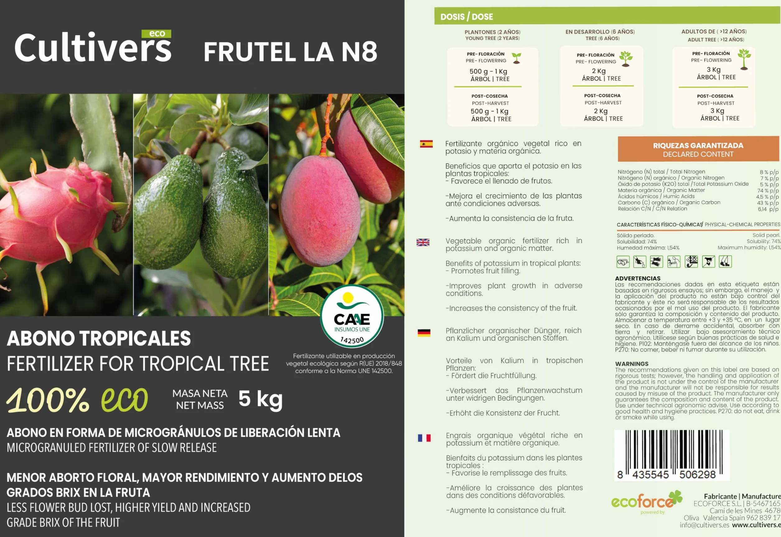 CULTIVERS Abono árboles Tropicales Ecológico 2x1 kg Fertilizante para Aguacate, Mango, Litchi